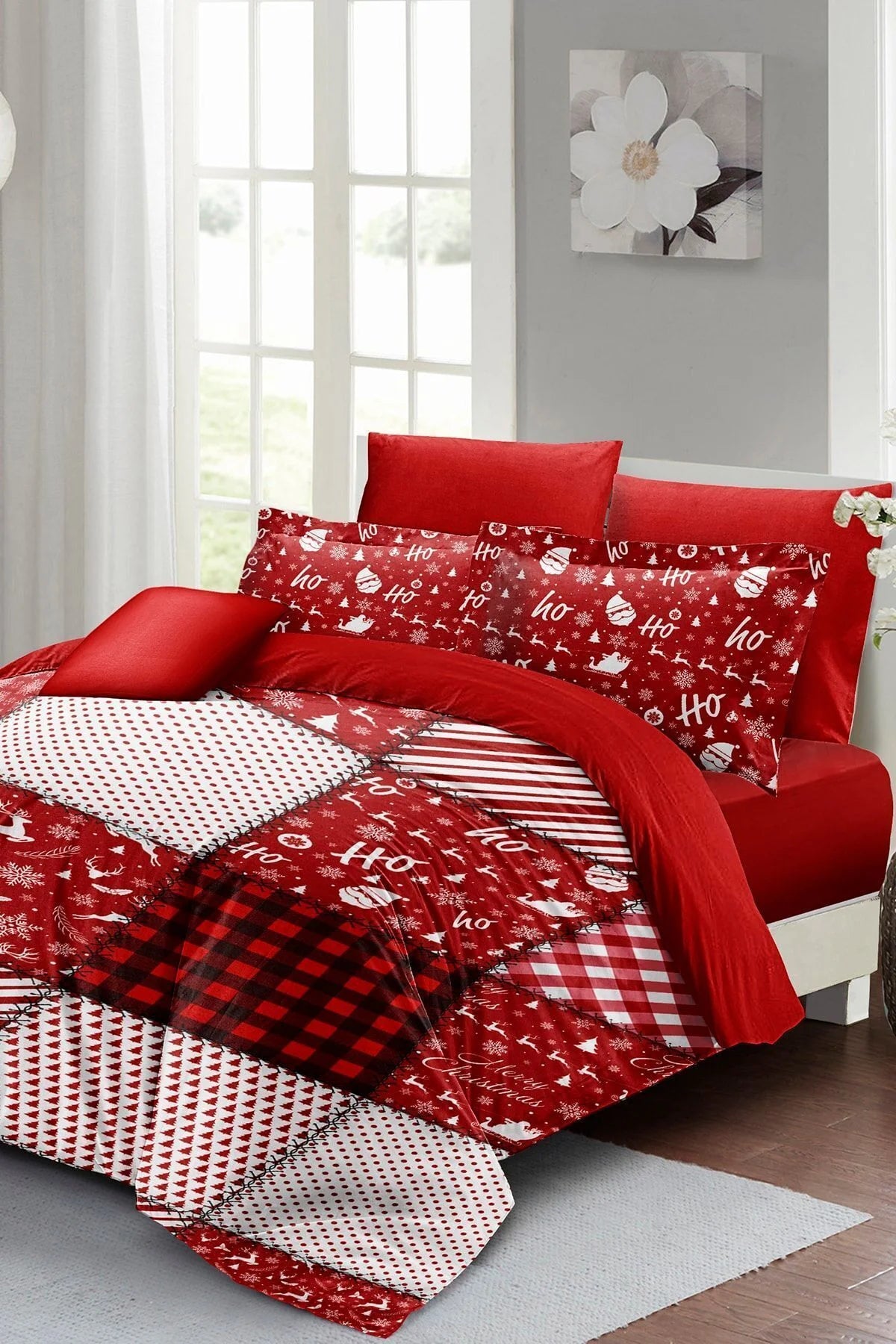 Yılbaşı Süsü Ekose Noel %100 Pamuk Saten 3D Çift Kişilik Nevresim Takımı