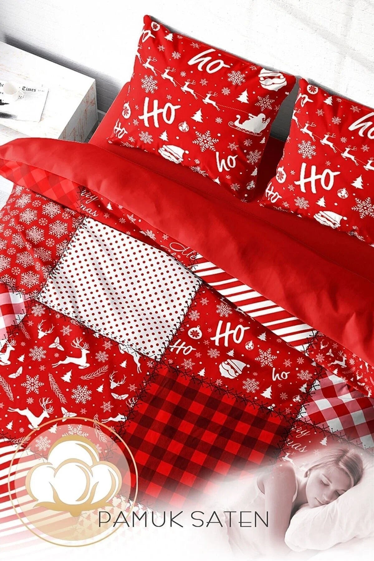 Yılbaşı Süsü Ekose Noel %100 Pamuk Saten 3D Çift Kişilik Nevresim Takımı