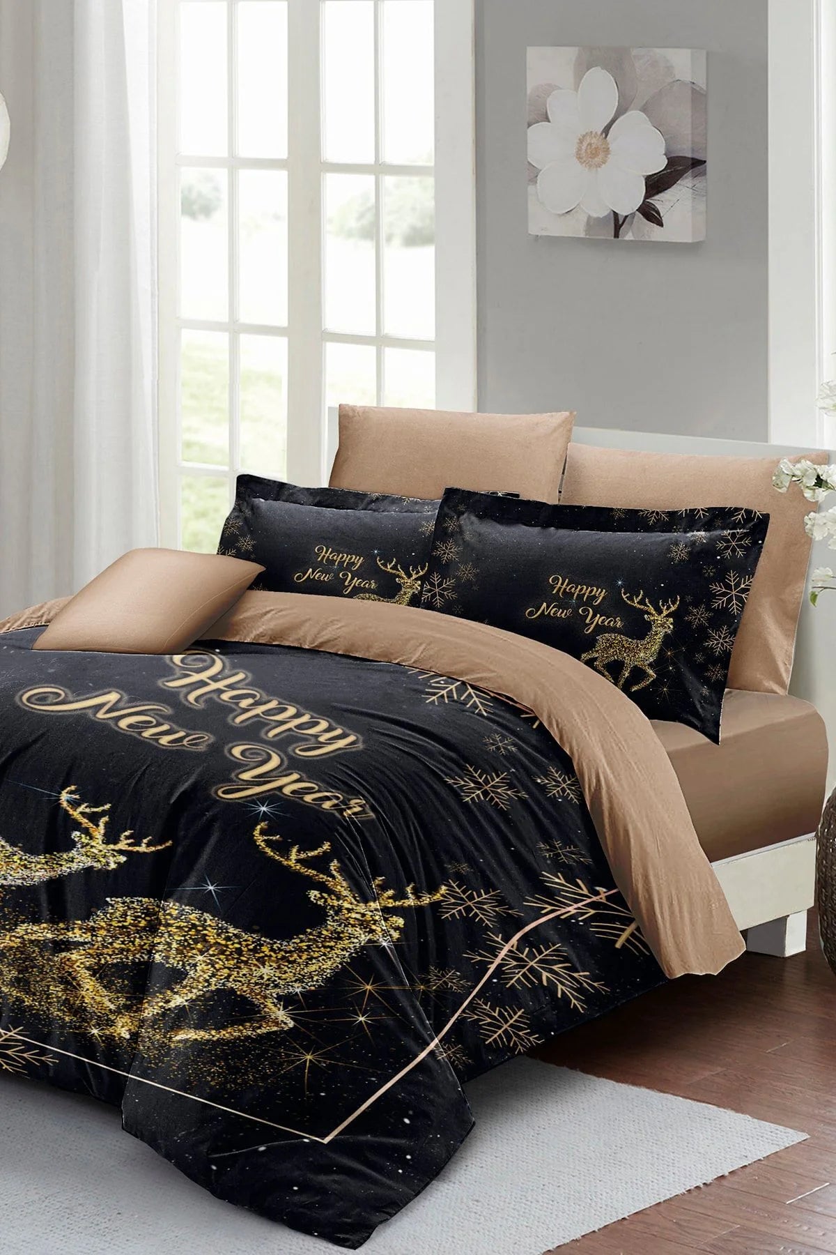 Yılbaşı Süsü Geyik Noel %100 Pamuk Saten 3D Çift Kişilik Nevresim Takımı