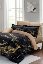 Yılbaşı Süsü Geyik Noel %100 Pamuk Saten 3D Çift Kişilik Nevresim Takımı