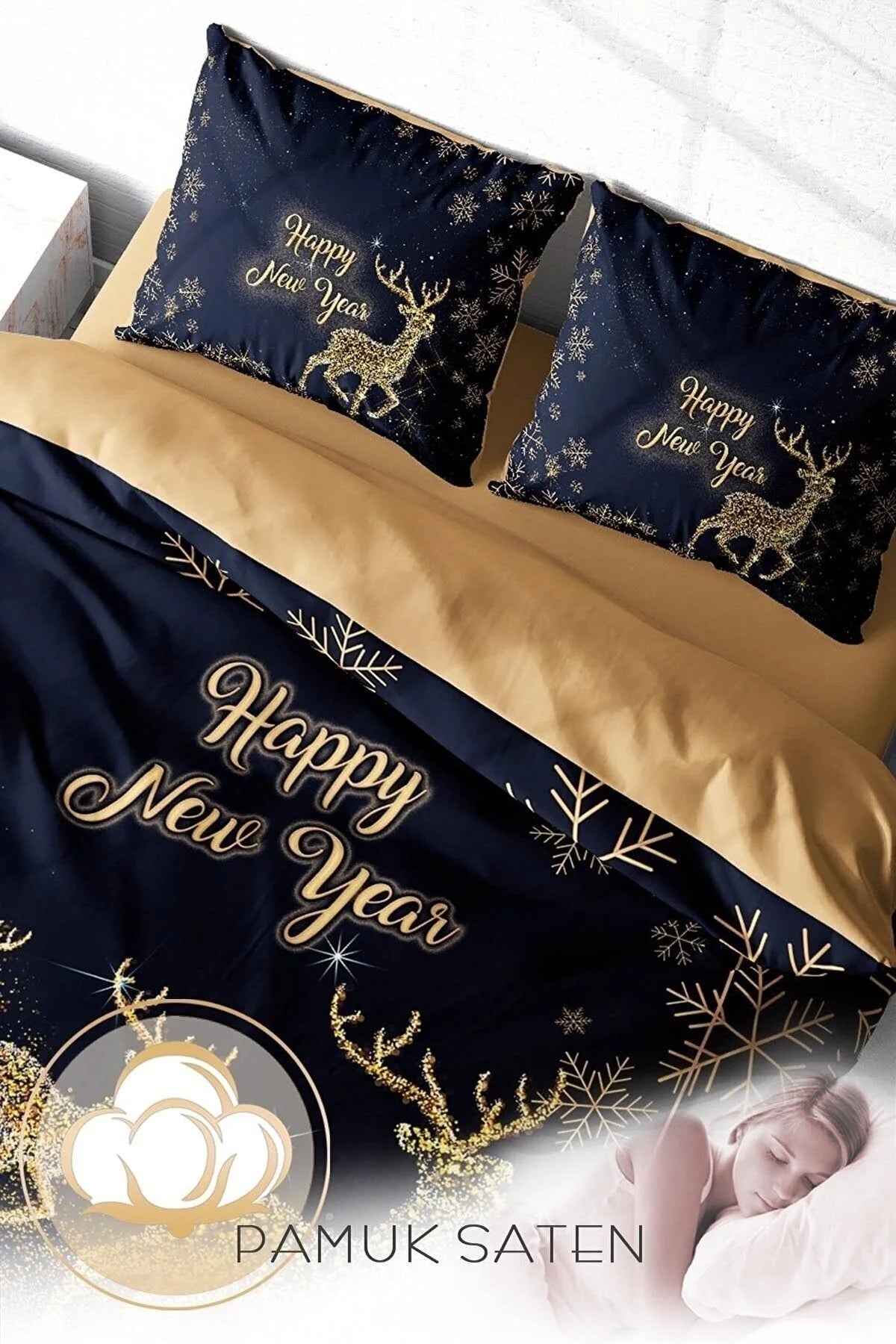 Yılbaşı Süsü Geyik Noel %100 Pamuk Saten 3D Çift Kişilik Nevresim Takımı