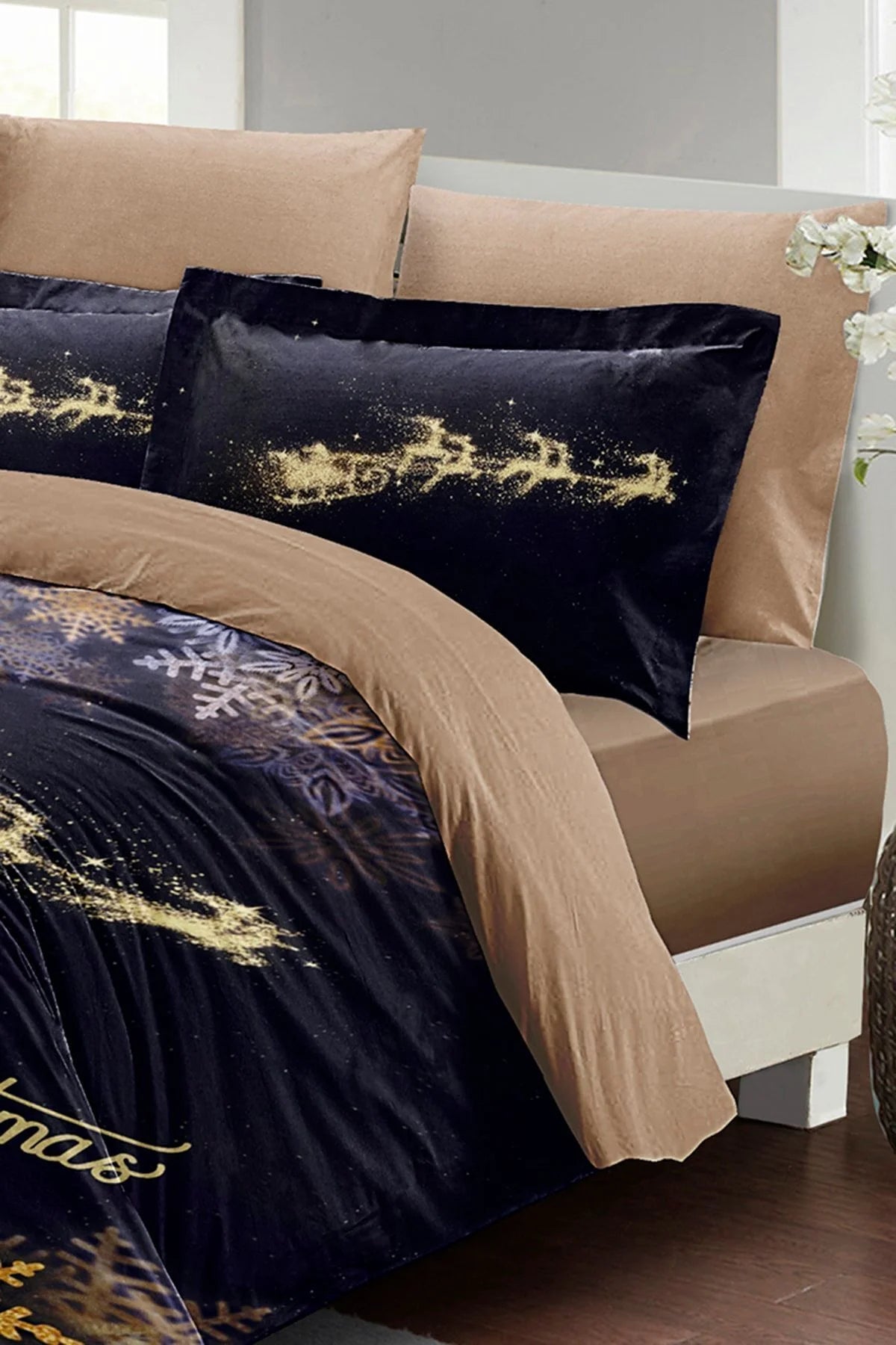 Yılbaşı Süsü Gold Coffee Noel %100 Pamuk Saten 3D Çift Kişilik Nevresim Takımı