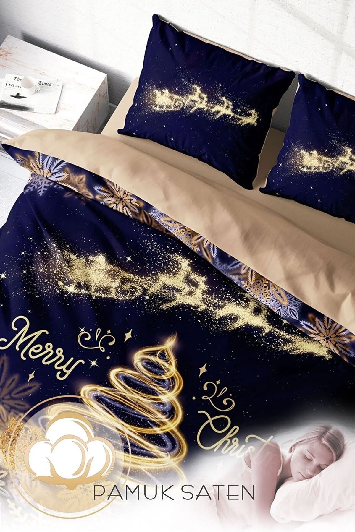 Yılbaşı Süsü Gold Coffee Noel %100 Pamuk Saten 3D Çift Kişilik Nevresim Takımı