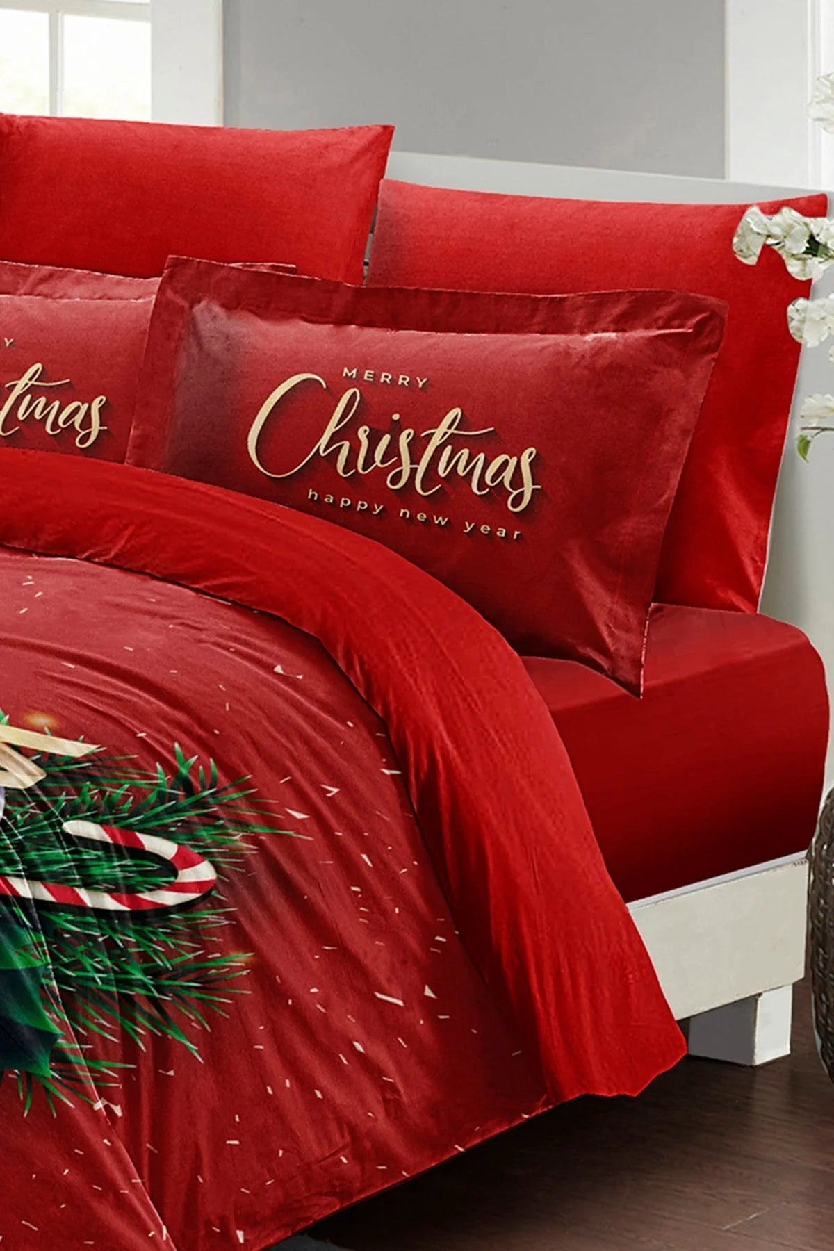 Yılbaşı Süsü Green Christmas Noel %100 Pamuk Saten 3D Çift Kişilik Nevresim Takımı