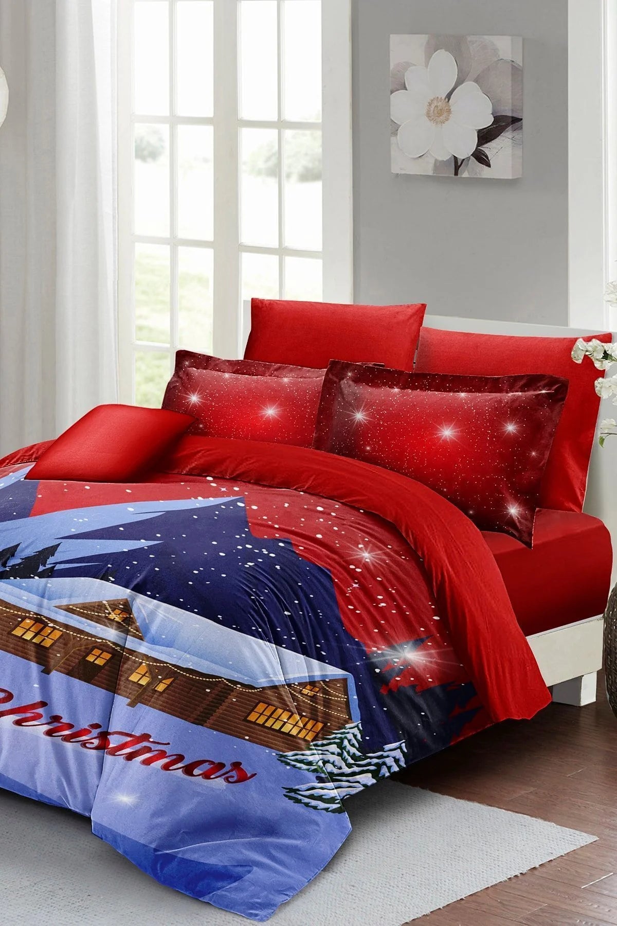 Yılbaşı Süsü House Noel %100 Pamuk Saten 3D Çift Kişilik Nevresim Takımı