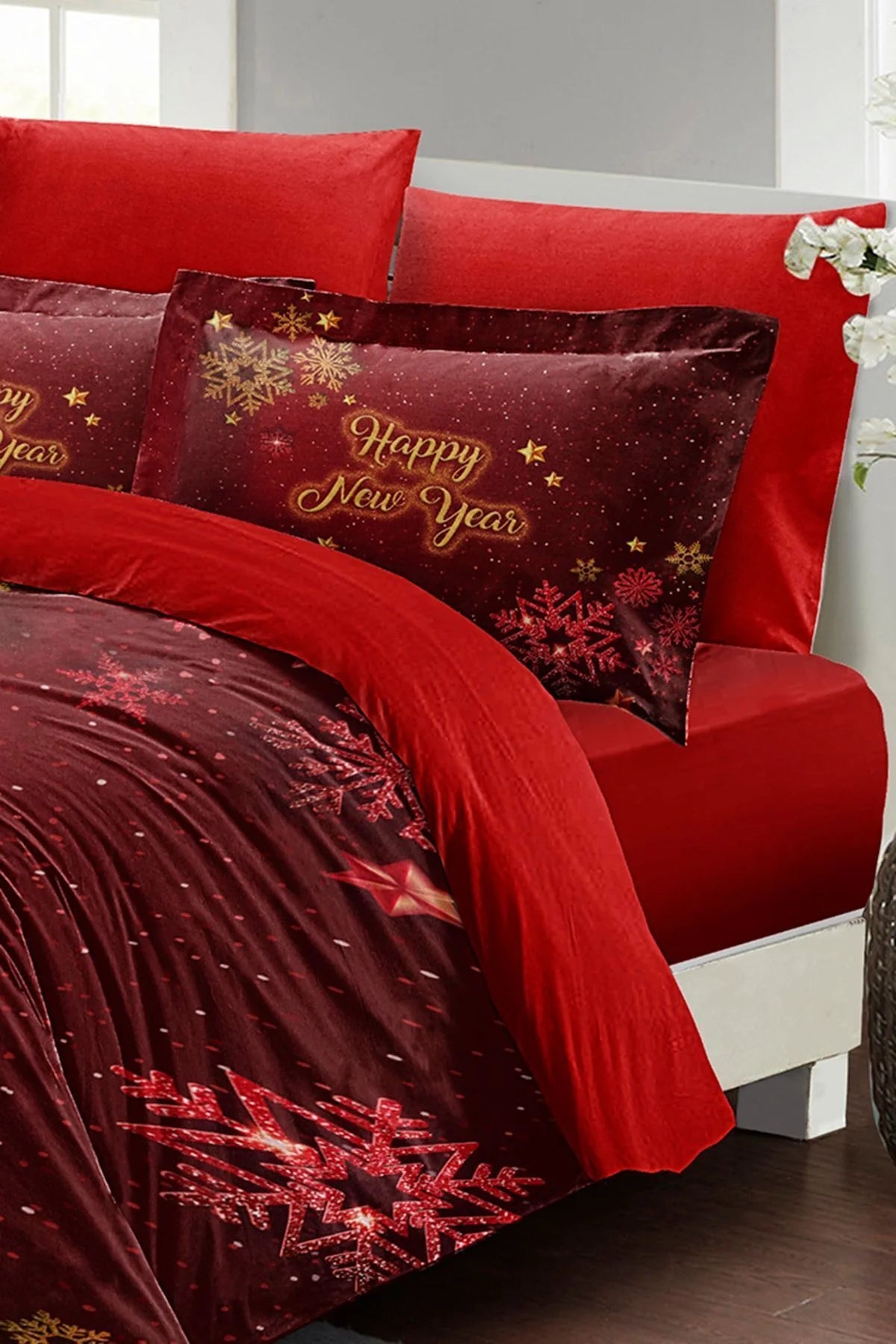 Yılbaşı Süsü Kar Kristalleri Noel %100 Pamuk Saten 3D Çift Kişilik Nevresim Takımı