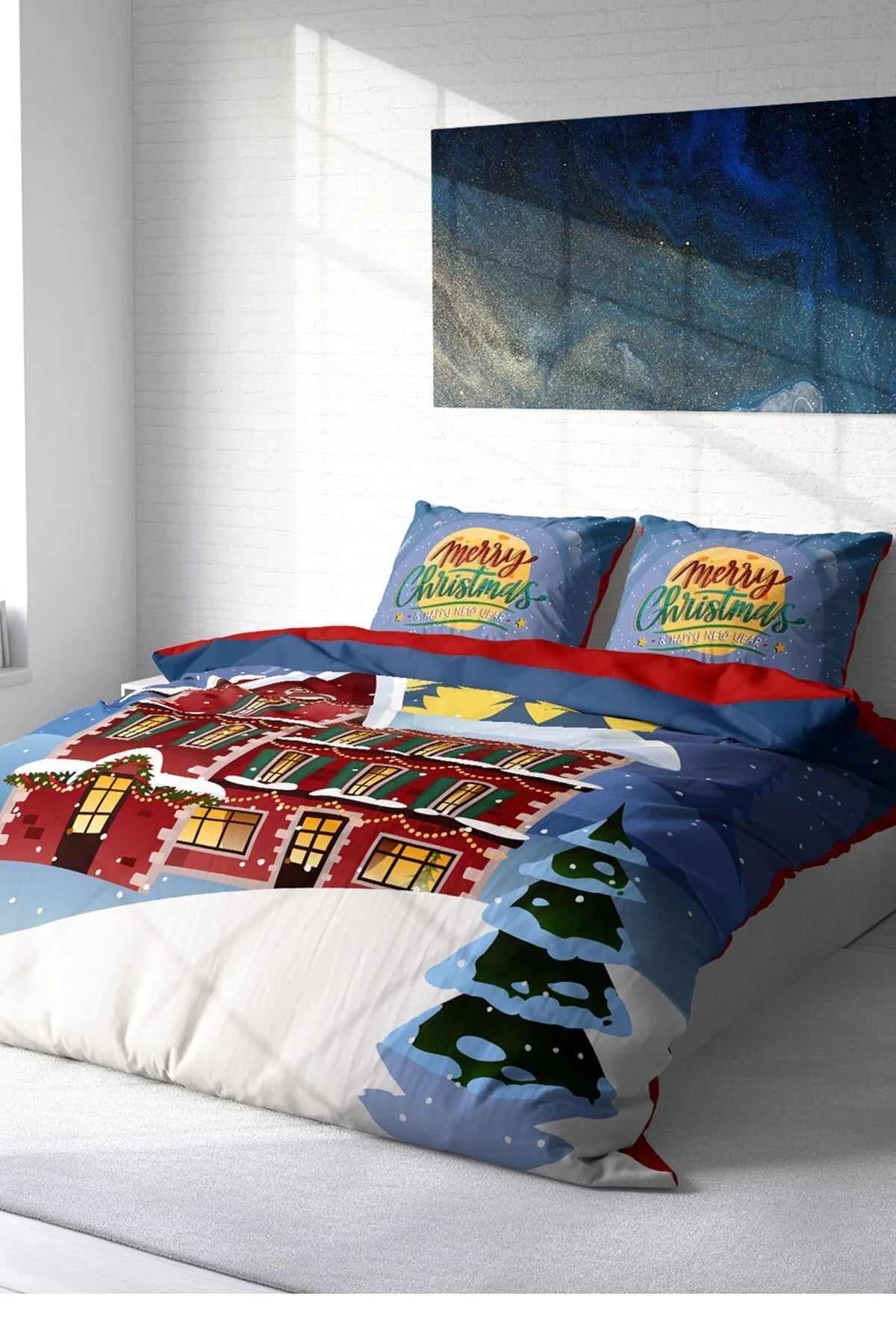 Yılbaşı Süsü Merry Christmas Çift Kişilik 3D Nevresim Takımı Pamuk
