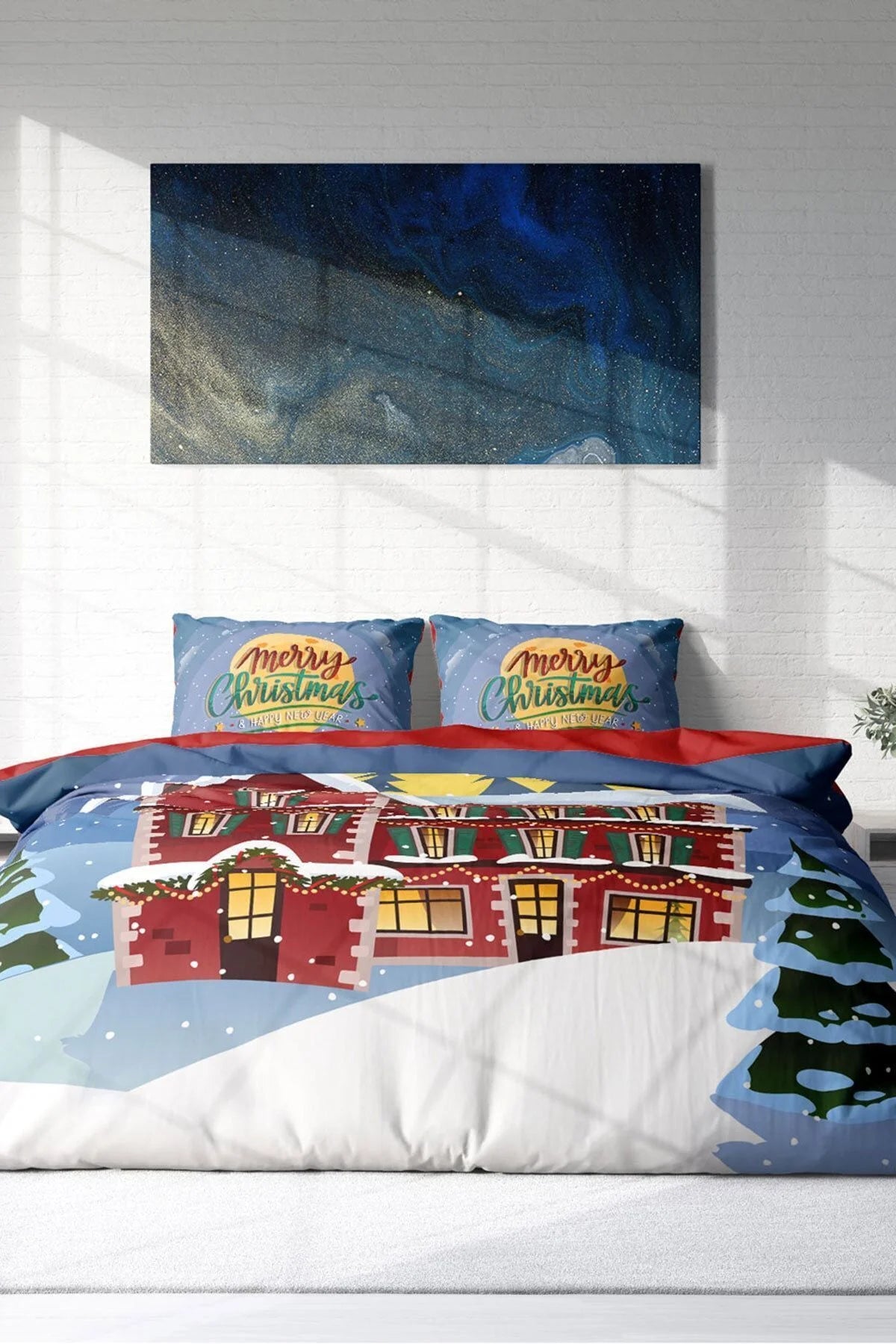 Yılbaşı Süsü Merry Christmas Çift Kişilik 3D Nevresim Takımı Pamuk