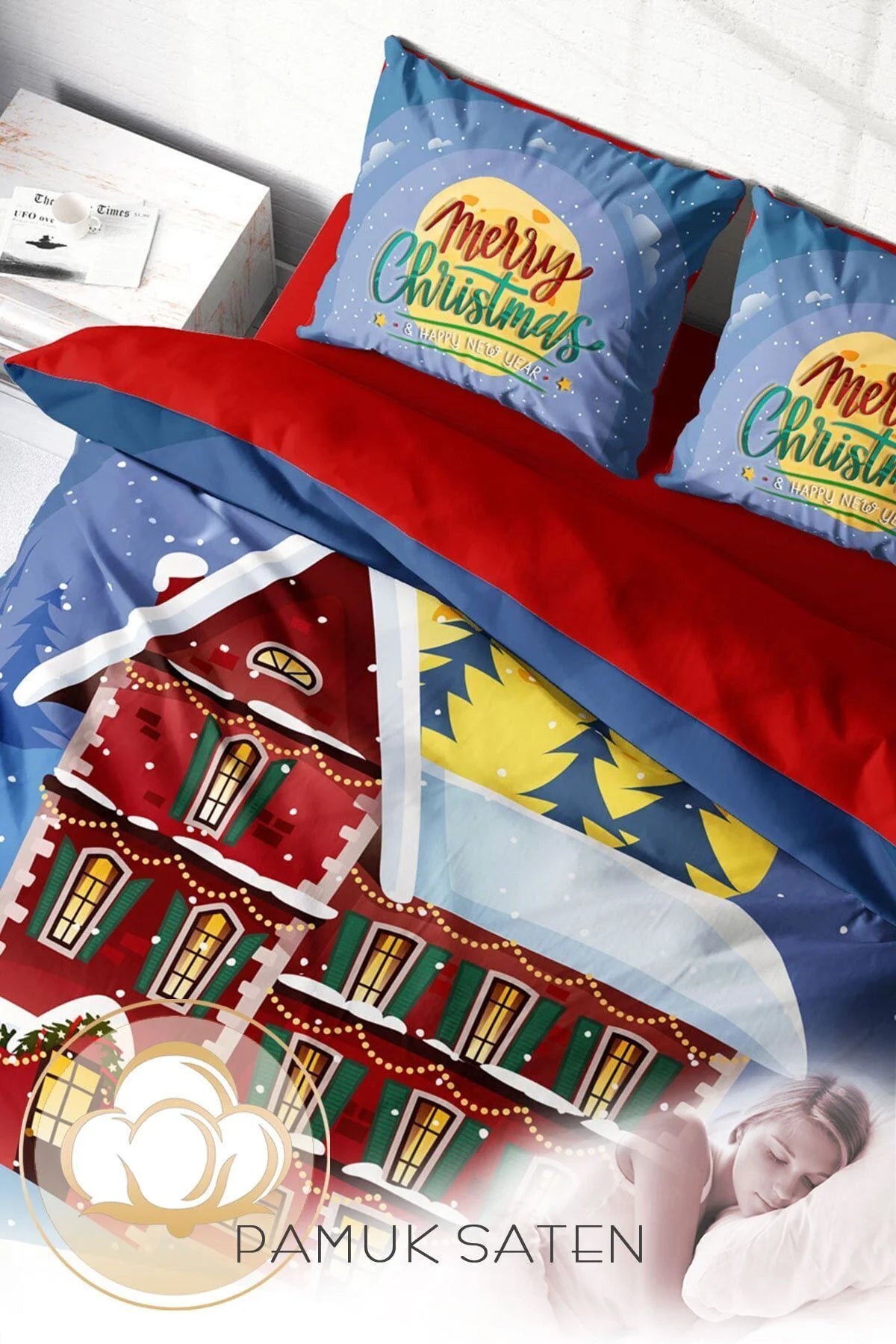 Yılbaşı Süsü Merry Christmas Çift Kişilik 3D Nevresim Takımı Pamuk