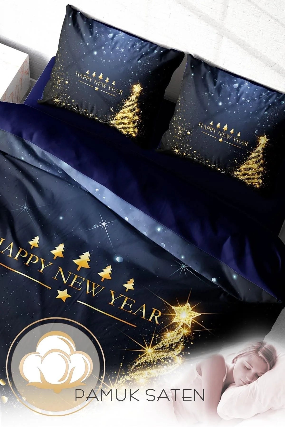 Yılbaşı Süsü Merry Christmas Çift Kişilik 3D Nevresim Takımı Pamuk Christmas Tree