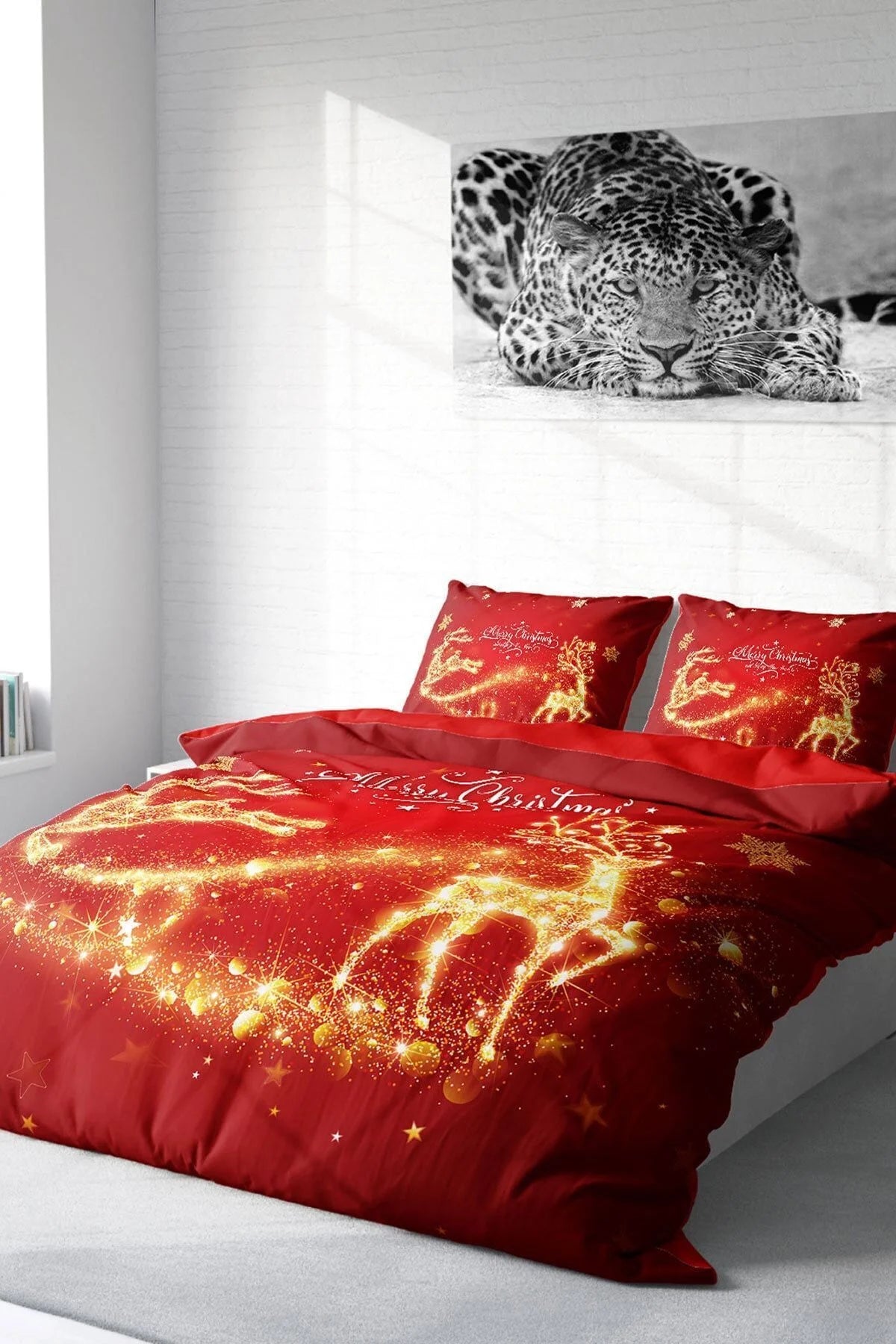 Yılbaşı Süsü Merry Christmas Çift Kişilik 3D Nevresim Takımı Pamuk Gold Deers