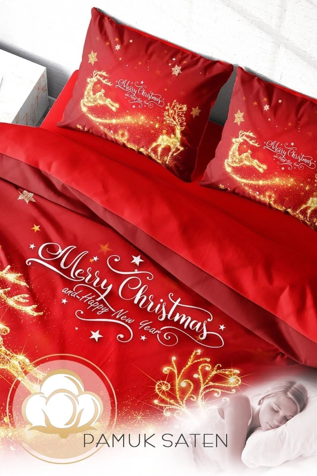 Yılbaşı Süsü Merry Christmas Çift Kişilik 3D Nevresim Takımı Pamuk Gold Deers