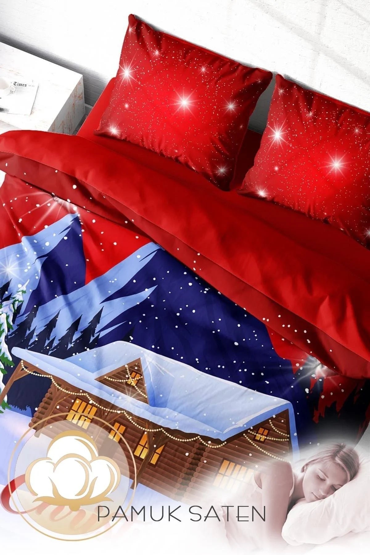 Yılbaşı Süsü Merry Christmas Çift Kişilik 3D Nevresim Takımı Pamuk Saten