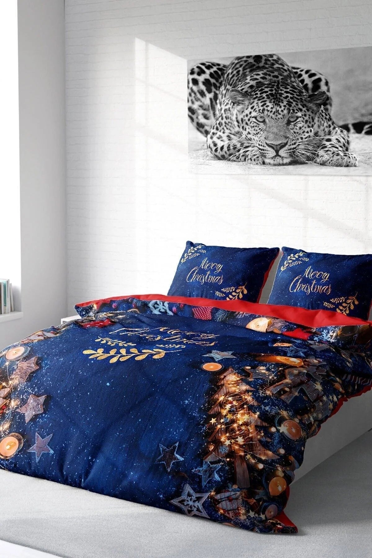 Yılbaşı Süsü Merry Christmas Çift Kişilik 3D Nevresim Takımı Pamuk Saten Blue