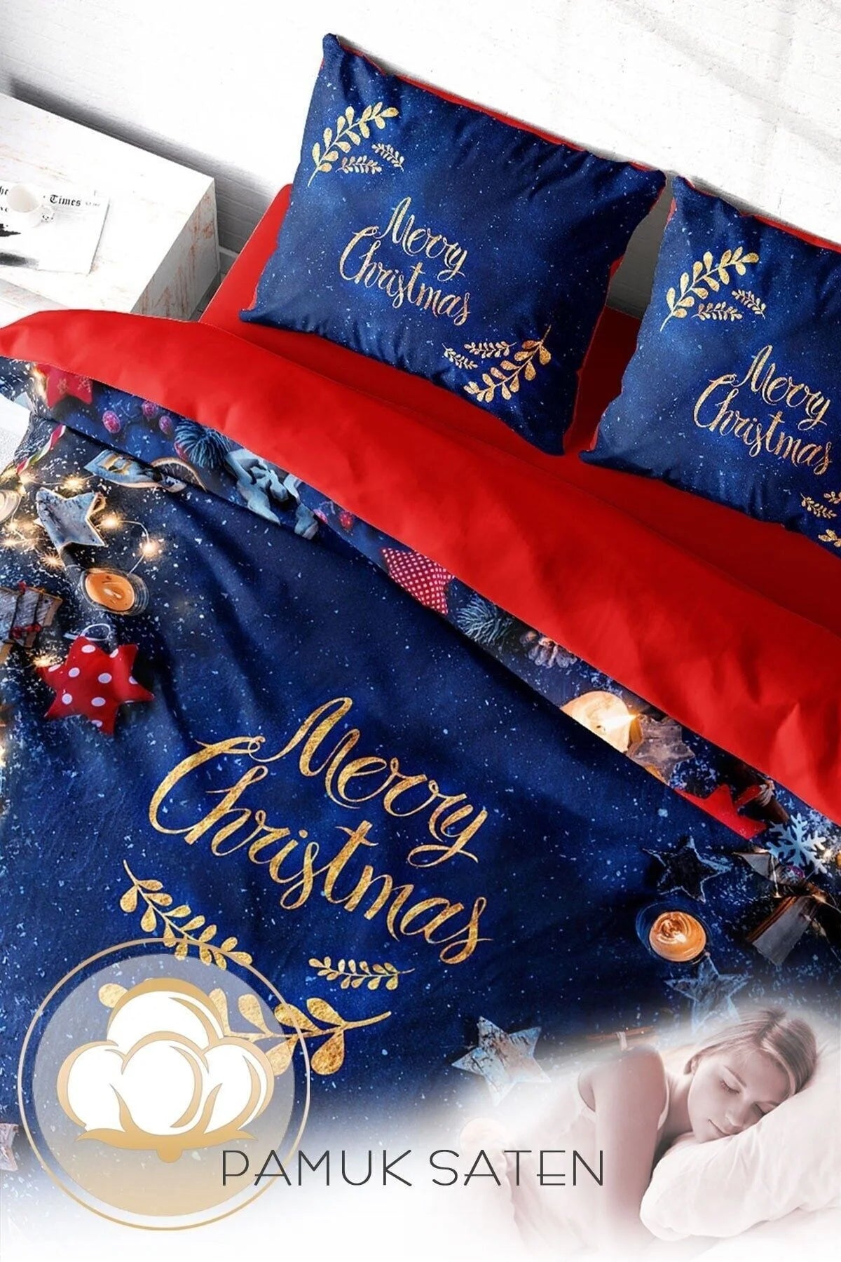 Yılbaşı Süsü Merry Christmas Çift Kişilik 3D Nevresim Takımı Pamuk Saten Blue