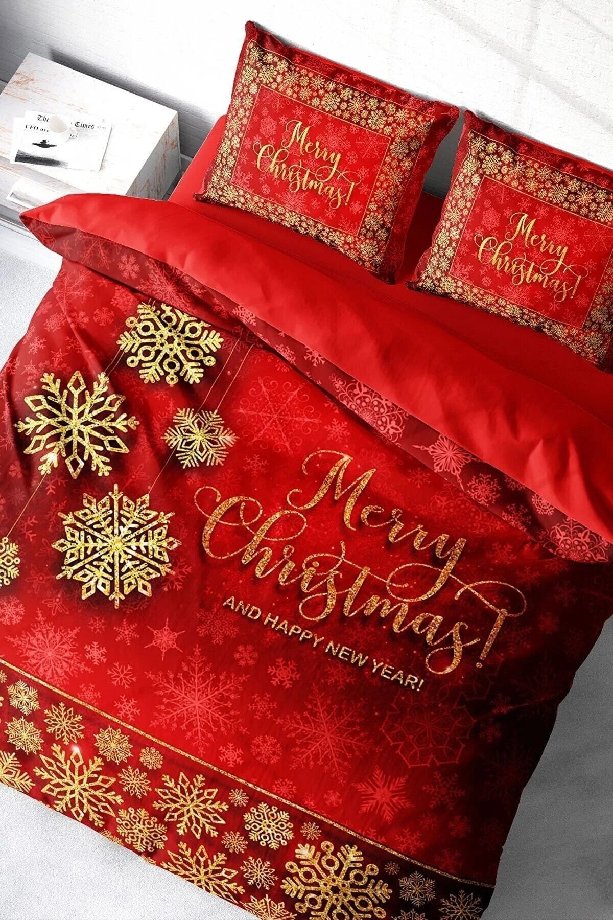 Yılbaşı Süsü Merry Christmas Çift Kişilik 3D Nevresim Takımı Pamuk Saten Kırmızı