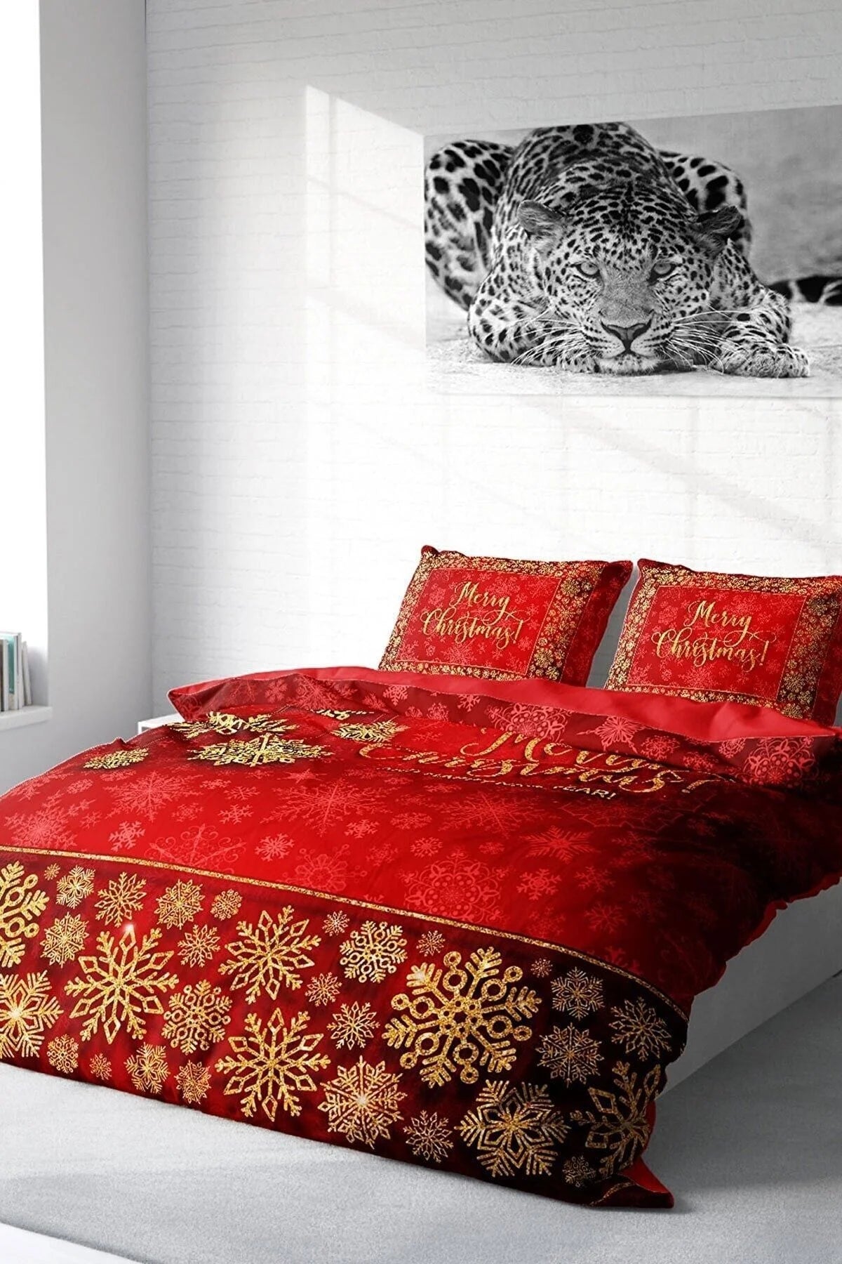 Yılbaşı Süsü Merry Christmas Çift Kişilik 3D Nevresim Takımı Pamuk Saten Kırmızı