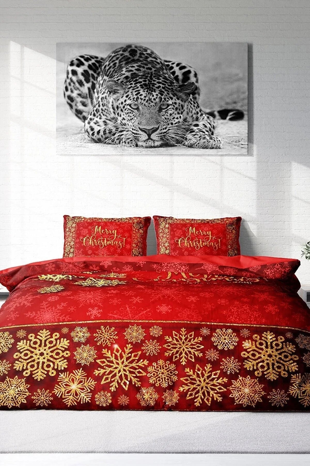 Yılbaşı Süsü Merry Christmas Çift Kişilik 3D Nevresim Takımı Pamuk Saten Kırmızı