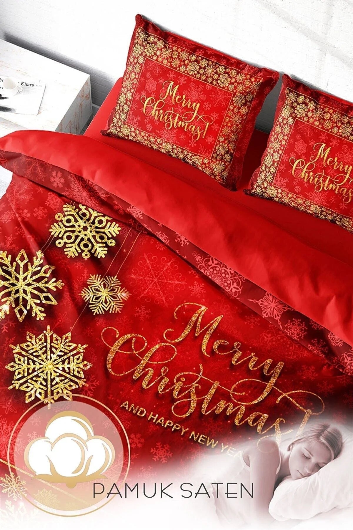 Yılbaşı Süsü Merry Christmas Çift Kişilik 3D Nevresim Takımı Pamuk Saten Kırmızı
