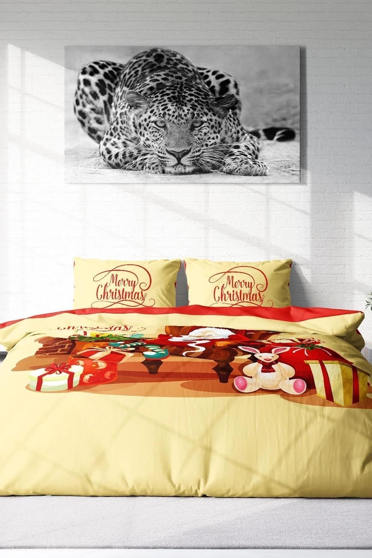 Yılbaşı Süsü Merry Christmas Çift Kişilik 3D Nevresim Takımı Pamuk Saten Noel Baba