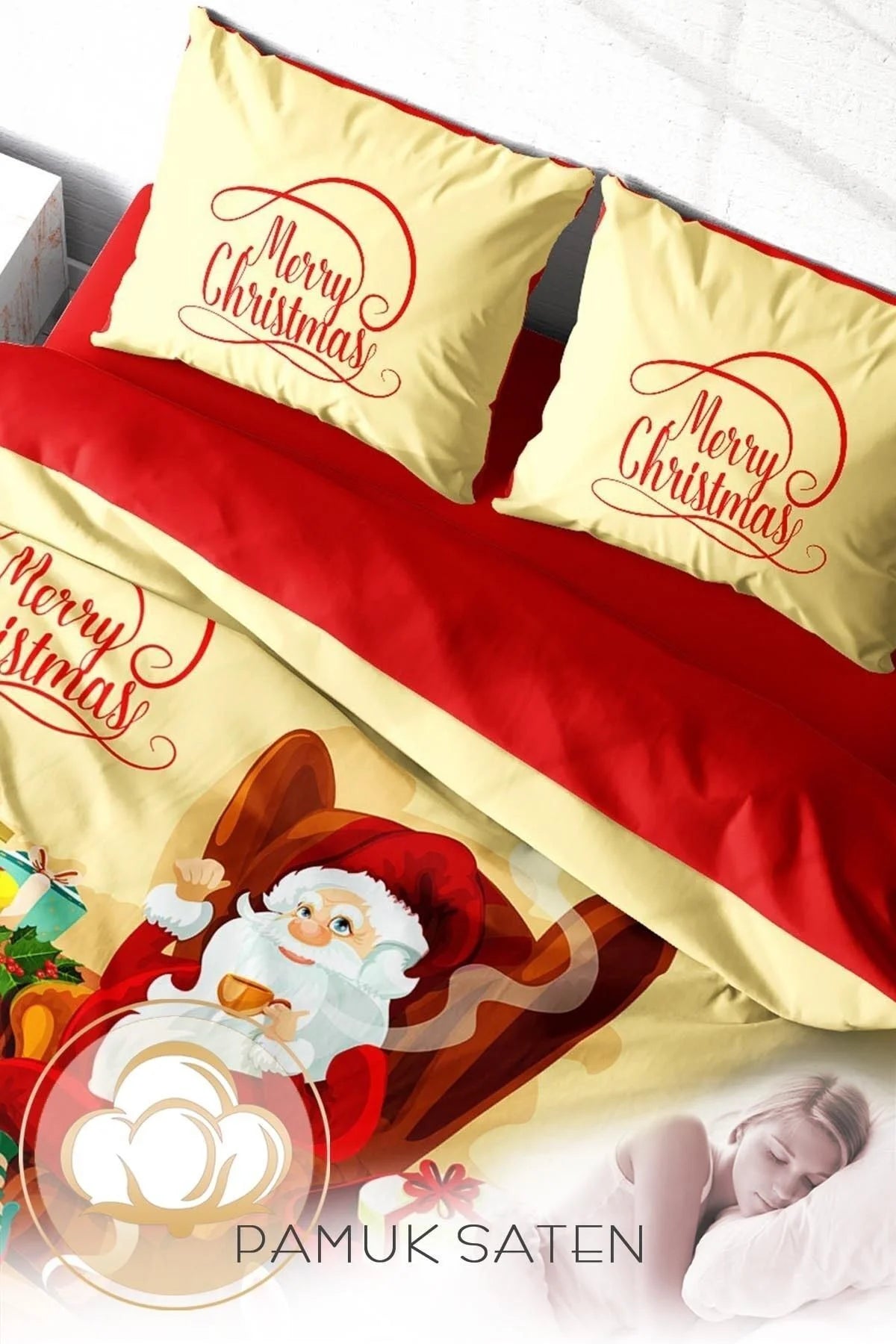 Yılbaşı Süsü Merry Christmas Çift Kişilik 3D Nevresim Takımı Pamuk Saten Noel Baba