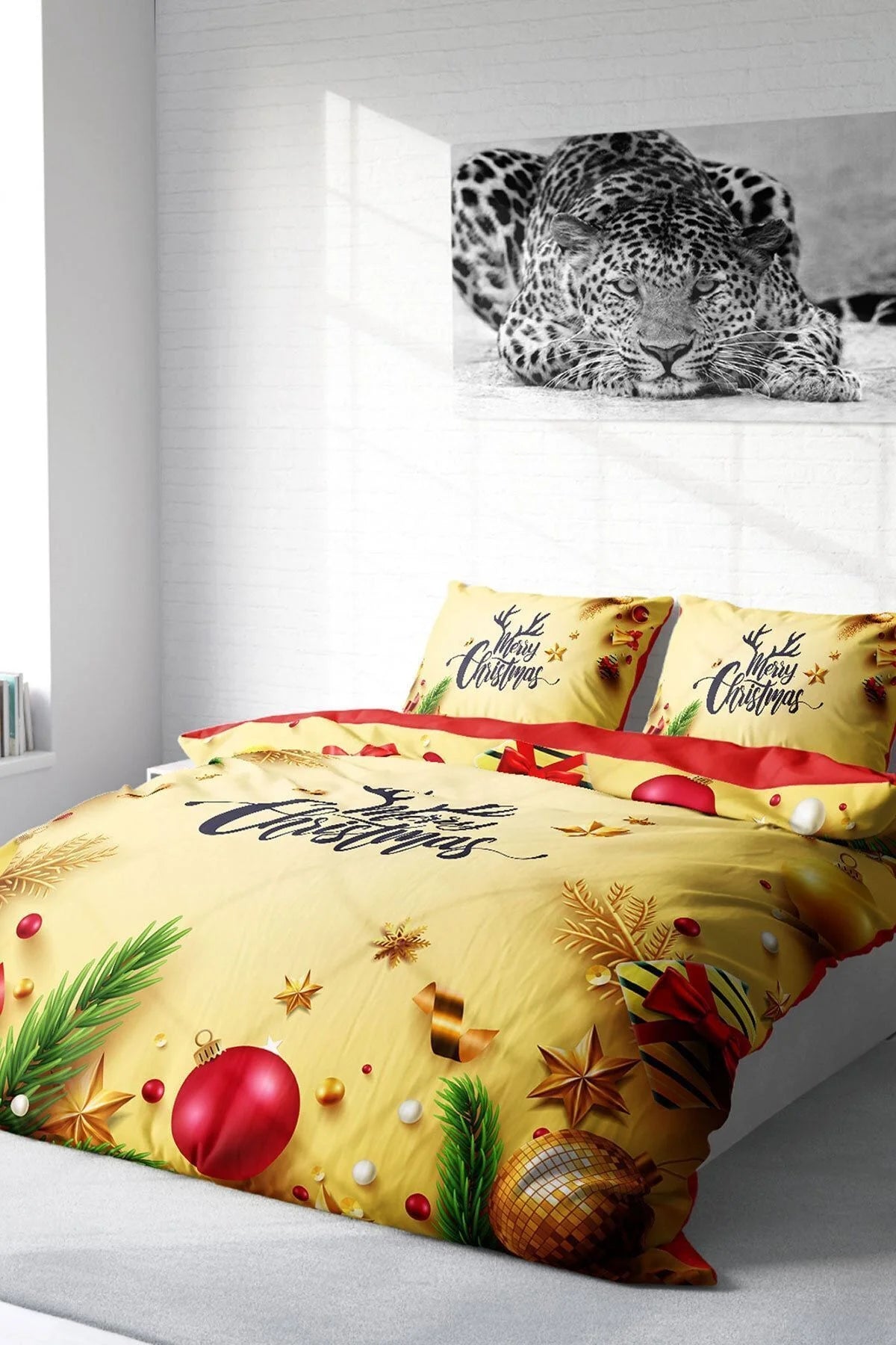 Yılbaşı Süsü Merry Christmas Çift Kişilik 3D Nevresim Takımı Pamuk Saten Yellow