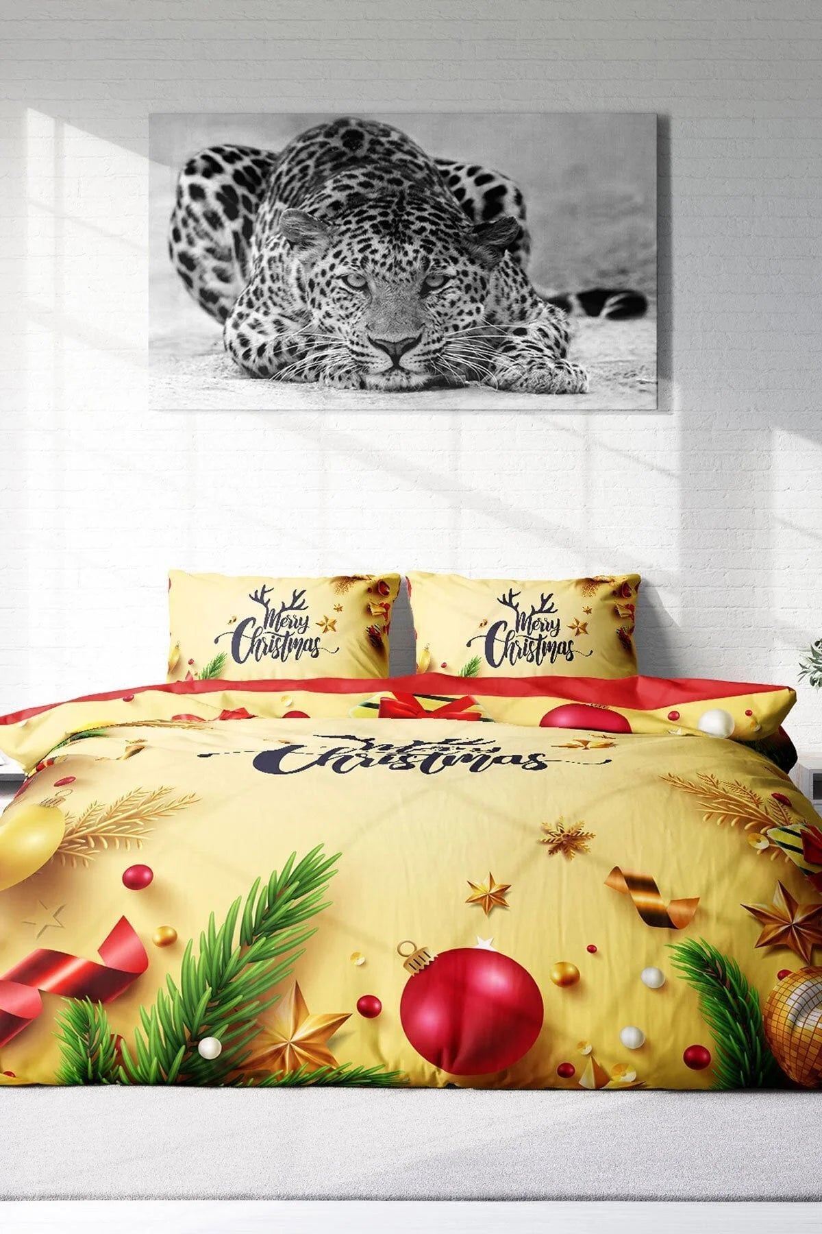 Yılbaşı Süsü Merry Christmas Çift Kişilik 3D Nevresim Takımı Pamuk Saten Yellow