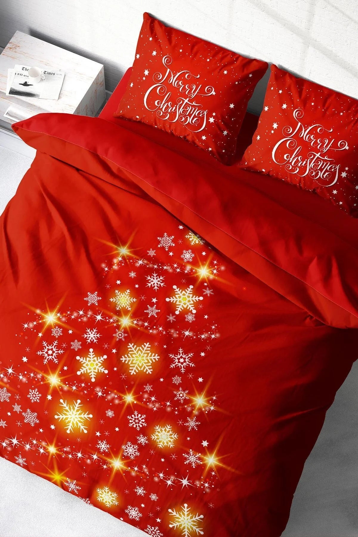 Yılbaşı Nevresim Takım %100 Doğal Pamuk Merry Christmas Çift Kişilik Star Tree