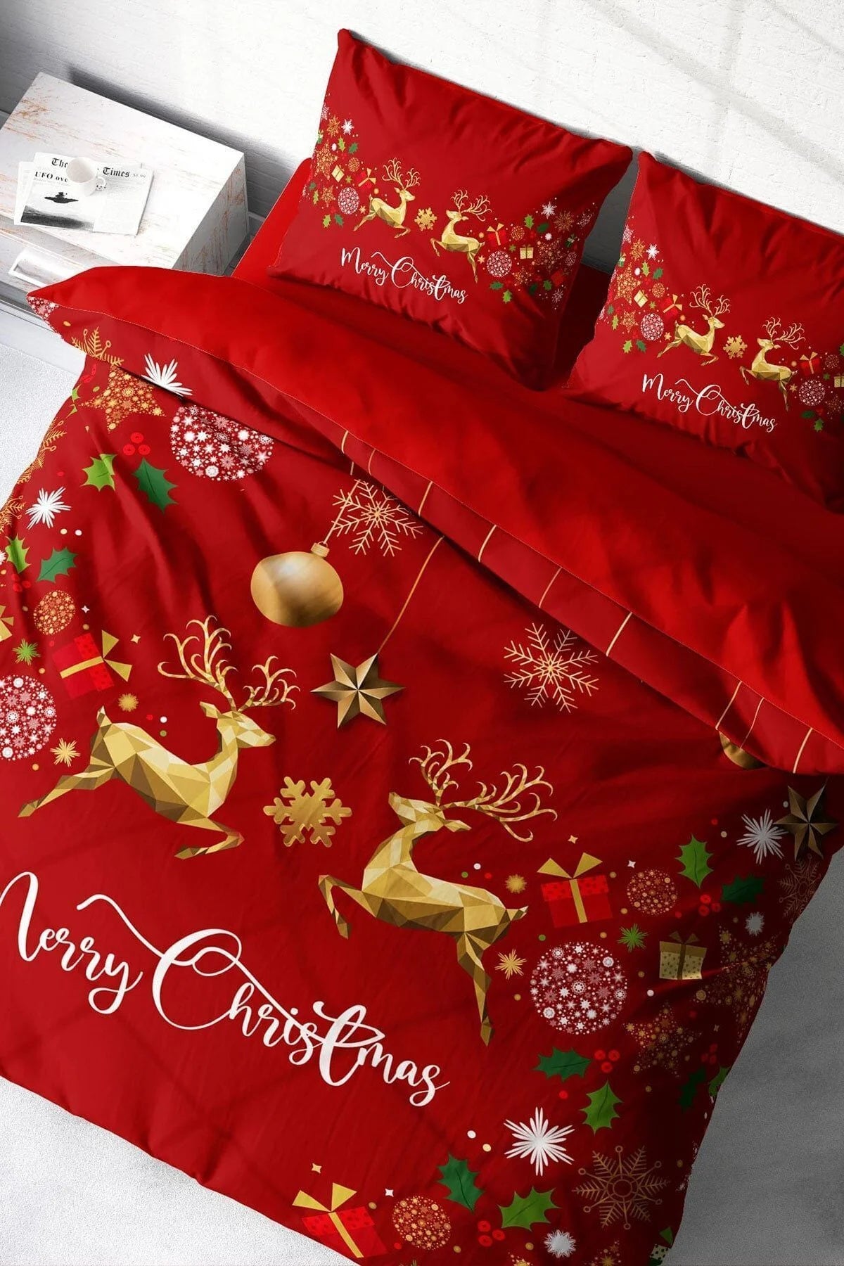 Yılbaşı Nevresim Takım %100 Doğal Pamuk Merry Christmas Çift Kişilik Deer