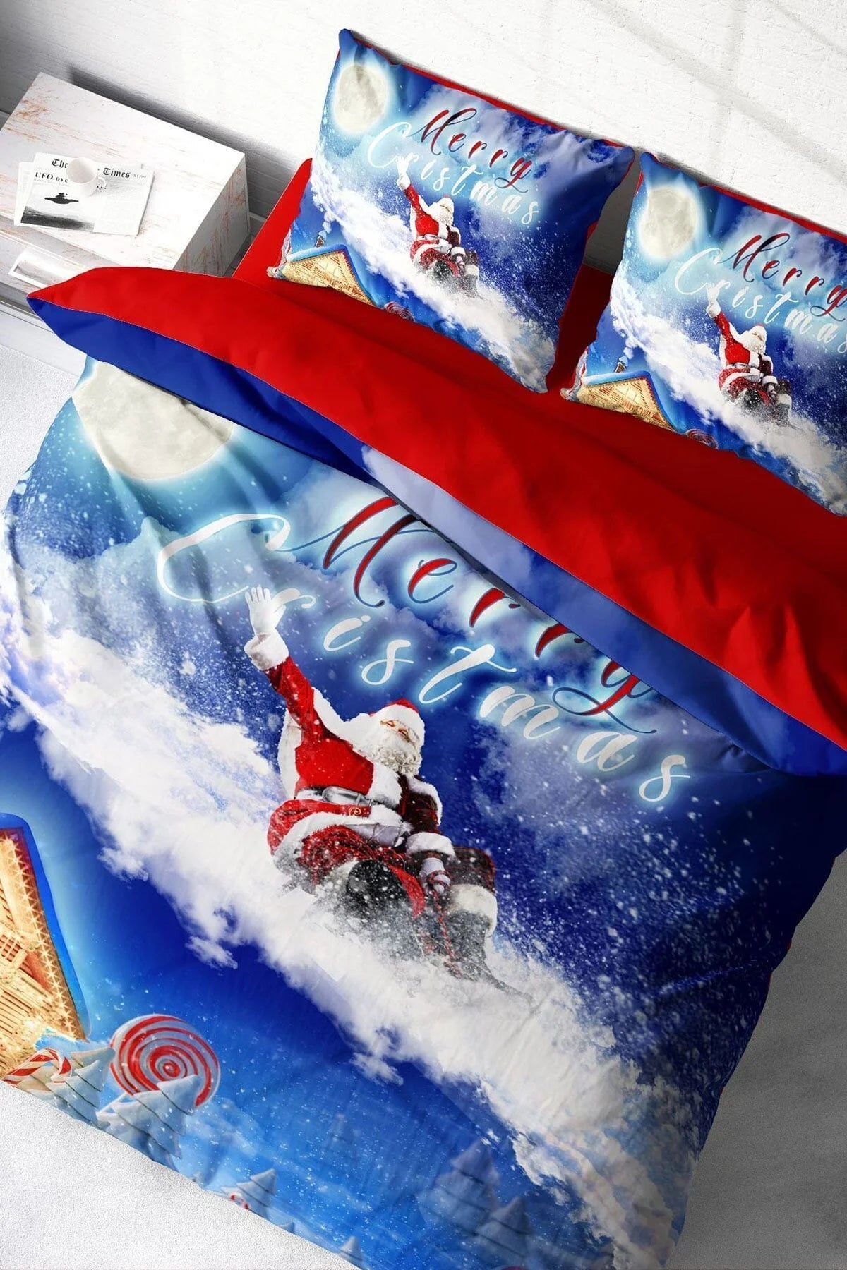 Yılbaşı Süsü Merry Christmas Çift Kişilik 3D Nevresim Takımı Pamuk Saten