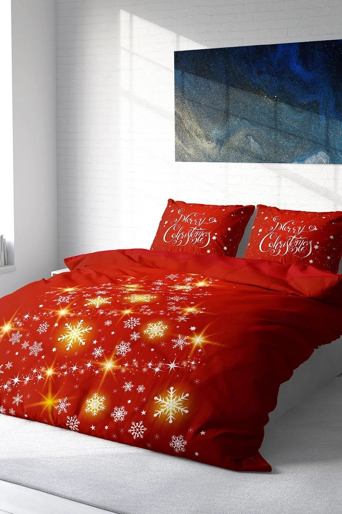 Yılbaşı Nevresim Takım %100 Doğal Pamuk Merry Christmas Çift Kişilik Star Tree