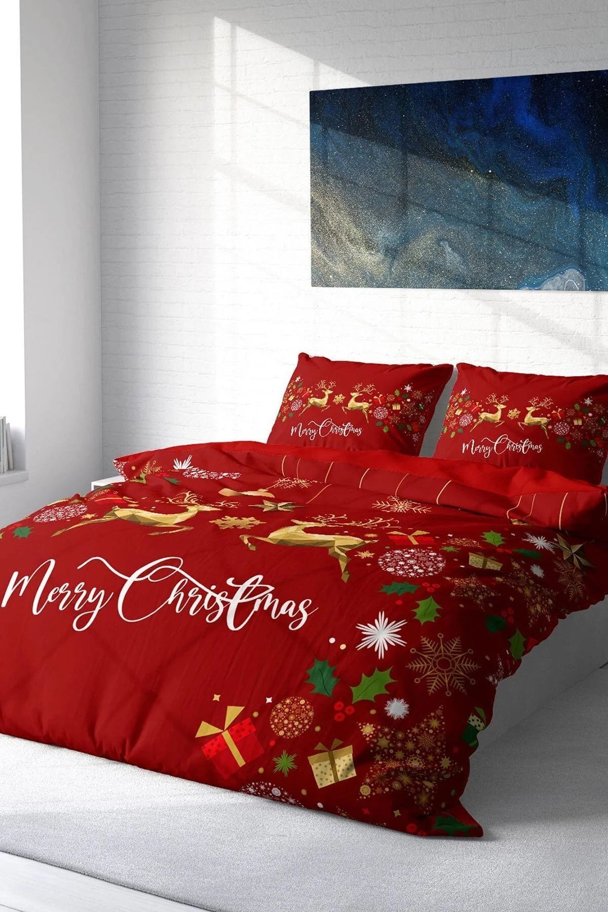 Yılbaşı Nevresim Takım %100 Doğal Pamuk Merry Christmas Çift Kişilik Deer