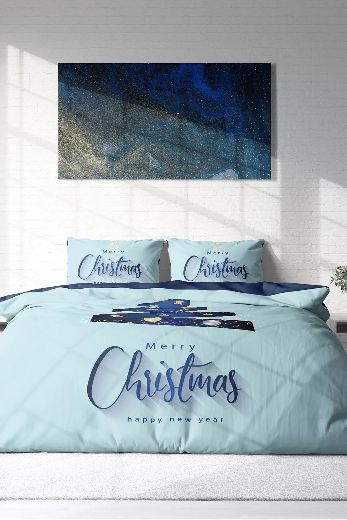 Yılbaşı Süsü Merry Christmas Çift Kişilik 3D Nevresim Takımı Pamuk Saten