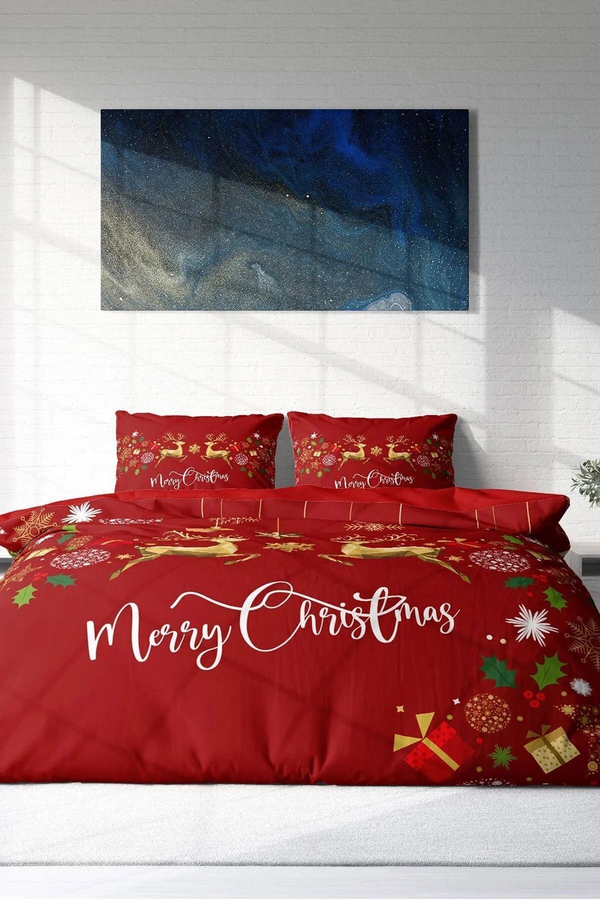 Yılbaşı Nevresim Takım %100 Doğal Pamuk Merry Christmas Çift Kişilik Deer