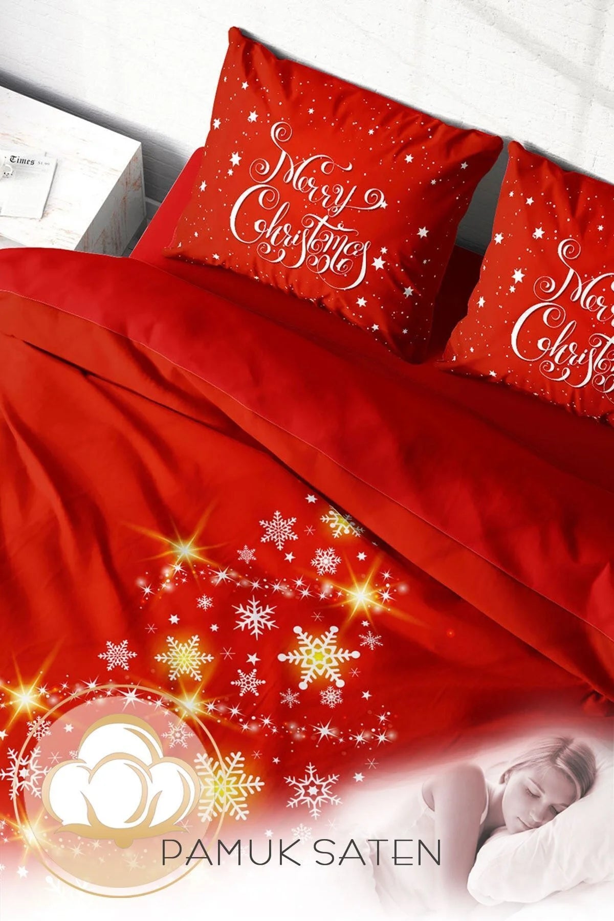 Yılbaşı Nevresim Takım %100 Doğal Pamuk Merry Christmas Çift Kişilik Star Tree