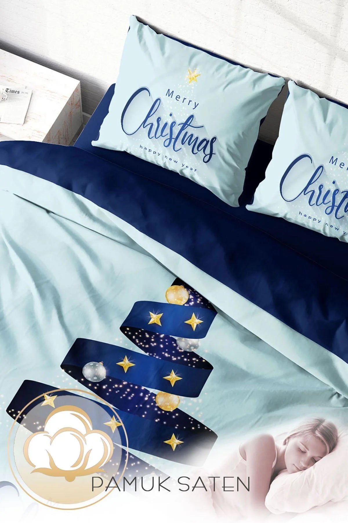 Yılbaşı Süsü Merry Christmas Çift Kişilik 3D Nevresim Takımı Pamuk Saten