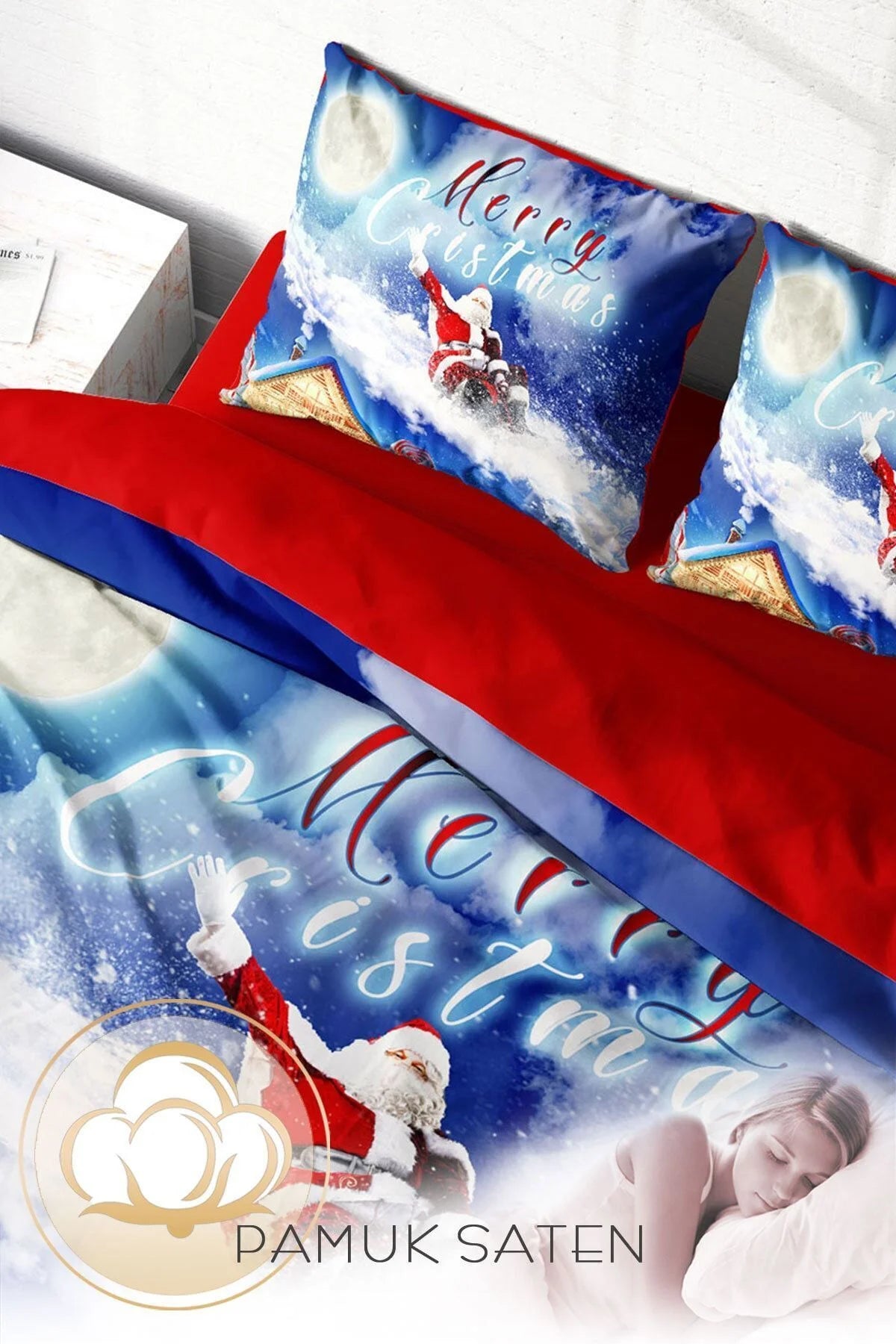 Yılbaşı Süsü Merry Christmas Çift Kişilik 3D Nevresim Takımı Pamuk Saten