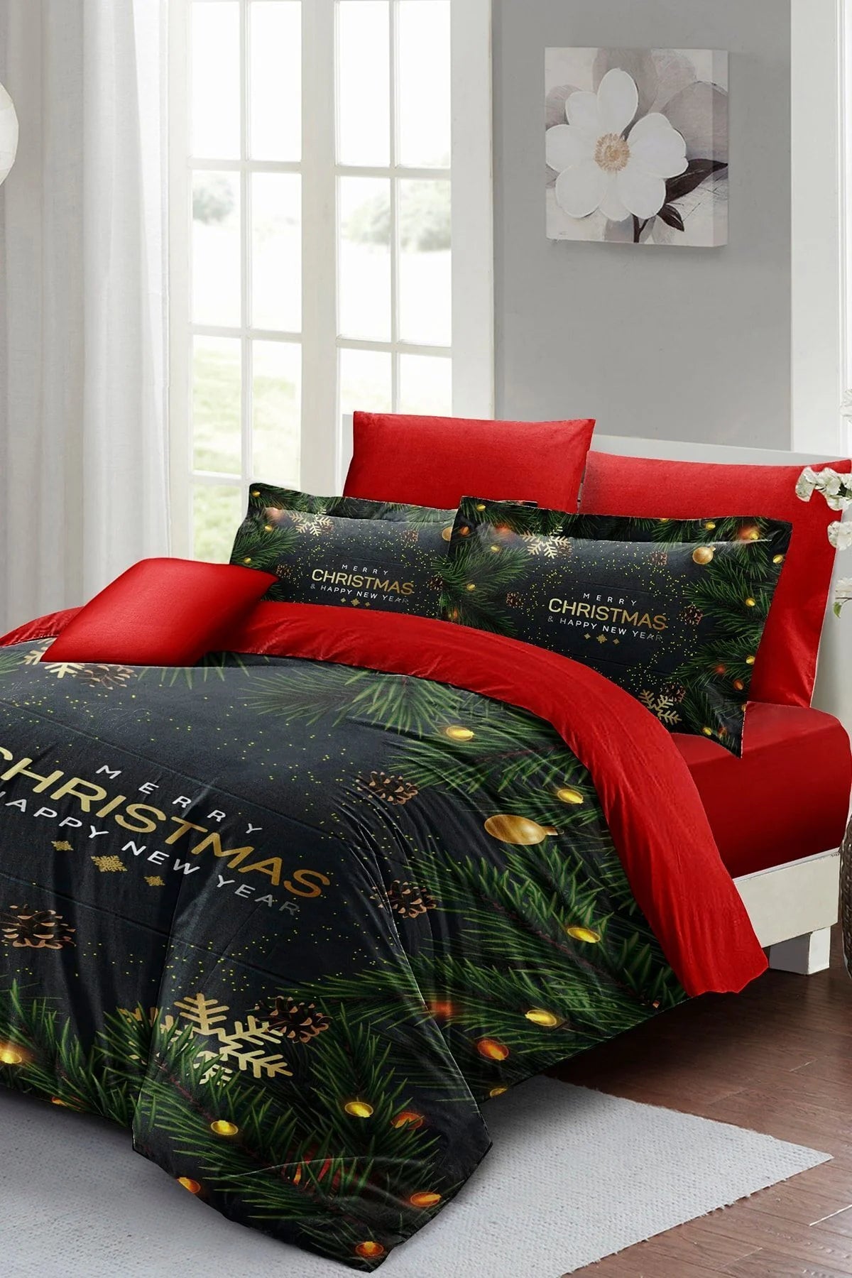 Yılbaşı Süsü Navy Blue Noel %100 Pamuk Saten 3D Çift Kişilik Nevresim Takımı