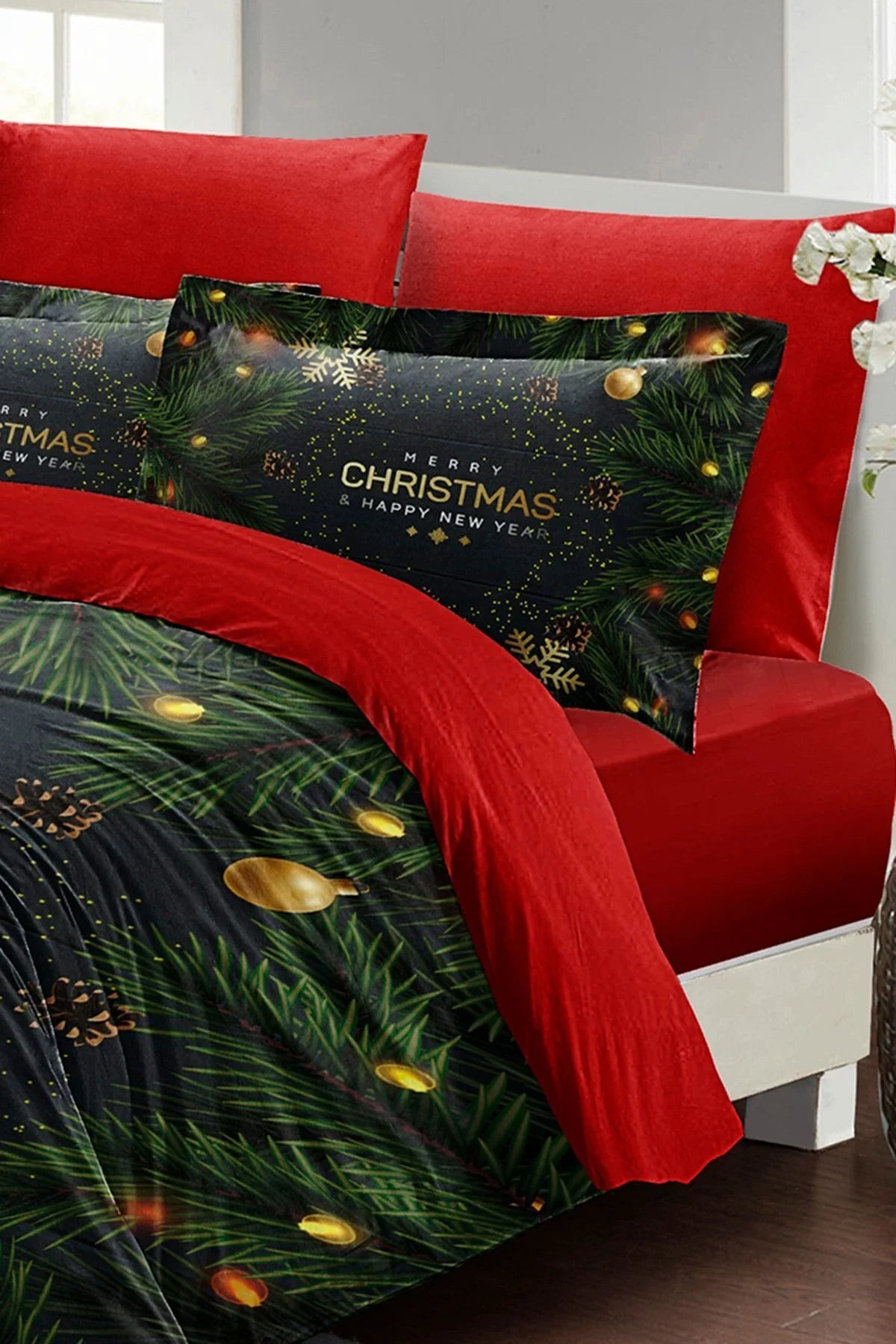 Yılbaşı Süsü Navy Blue Noel %100 Pamuk Saten 3D Çift Kişilik Nevresim Takımı