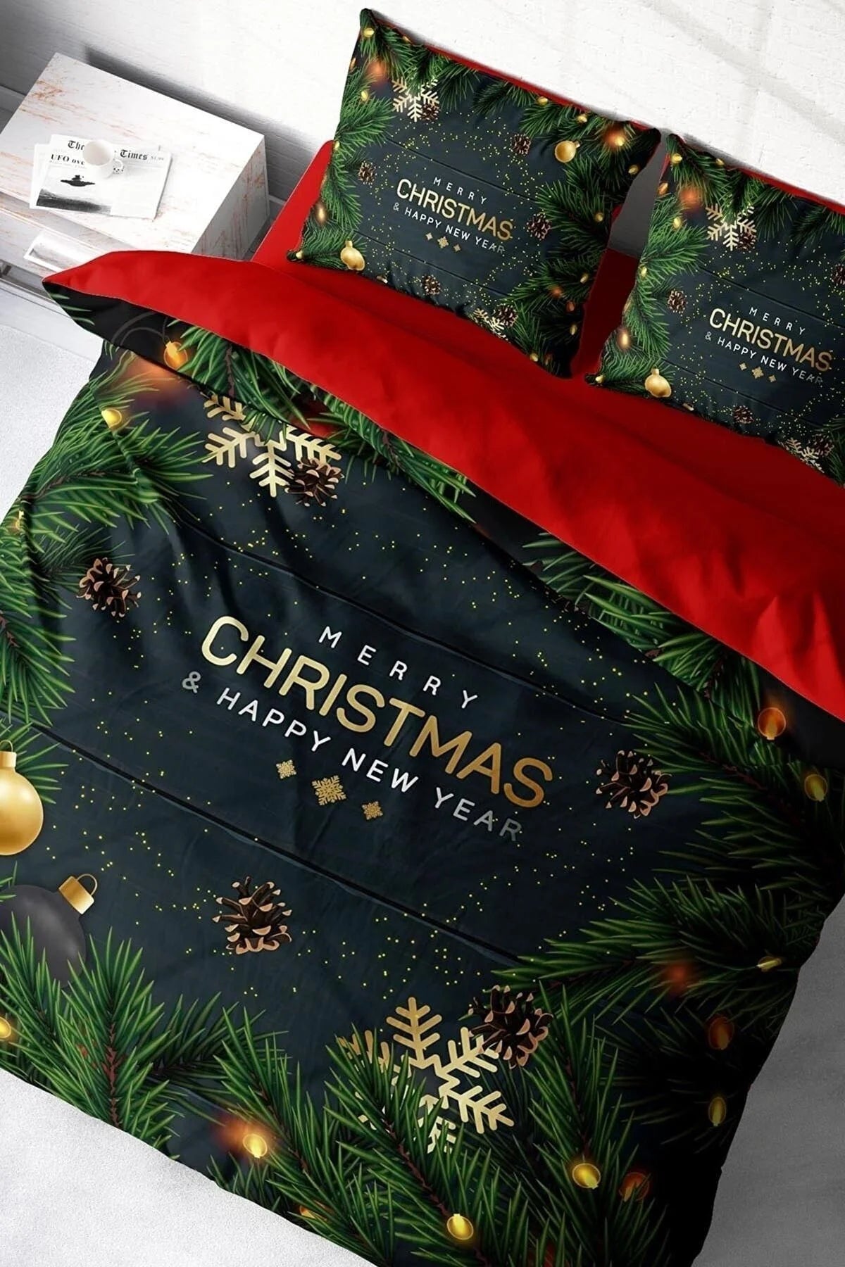 Yılbaşı Süsü Navy Blue Noel %100 Pamuk Saten 3D Çift Kişilik Nevresim Takımı
