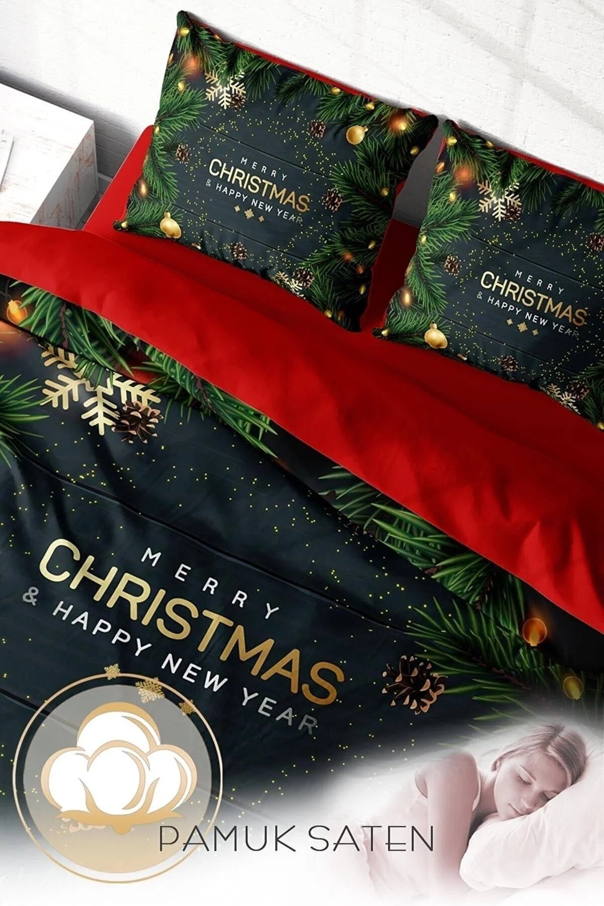 Yılbaşı Süsü Navy Blue Noel %100 Pamuk Saten 3D Çift Kişilik Nevresim Takımı