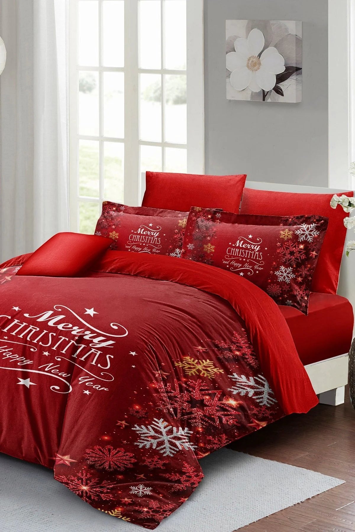 Yılbaşı Süsü Snowflake Noel %100 Pamuk Saten 3D Çift Kişilik Nevresim Takımı