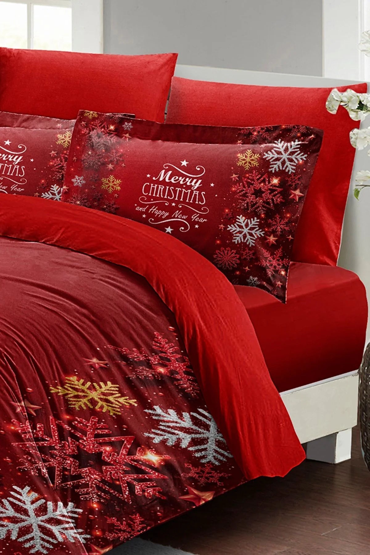 Yılbaşı Süsü Snowflake Noel %100 Pamuk Saten 3D Çift Kişilik Nevresim Takımı