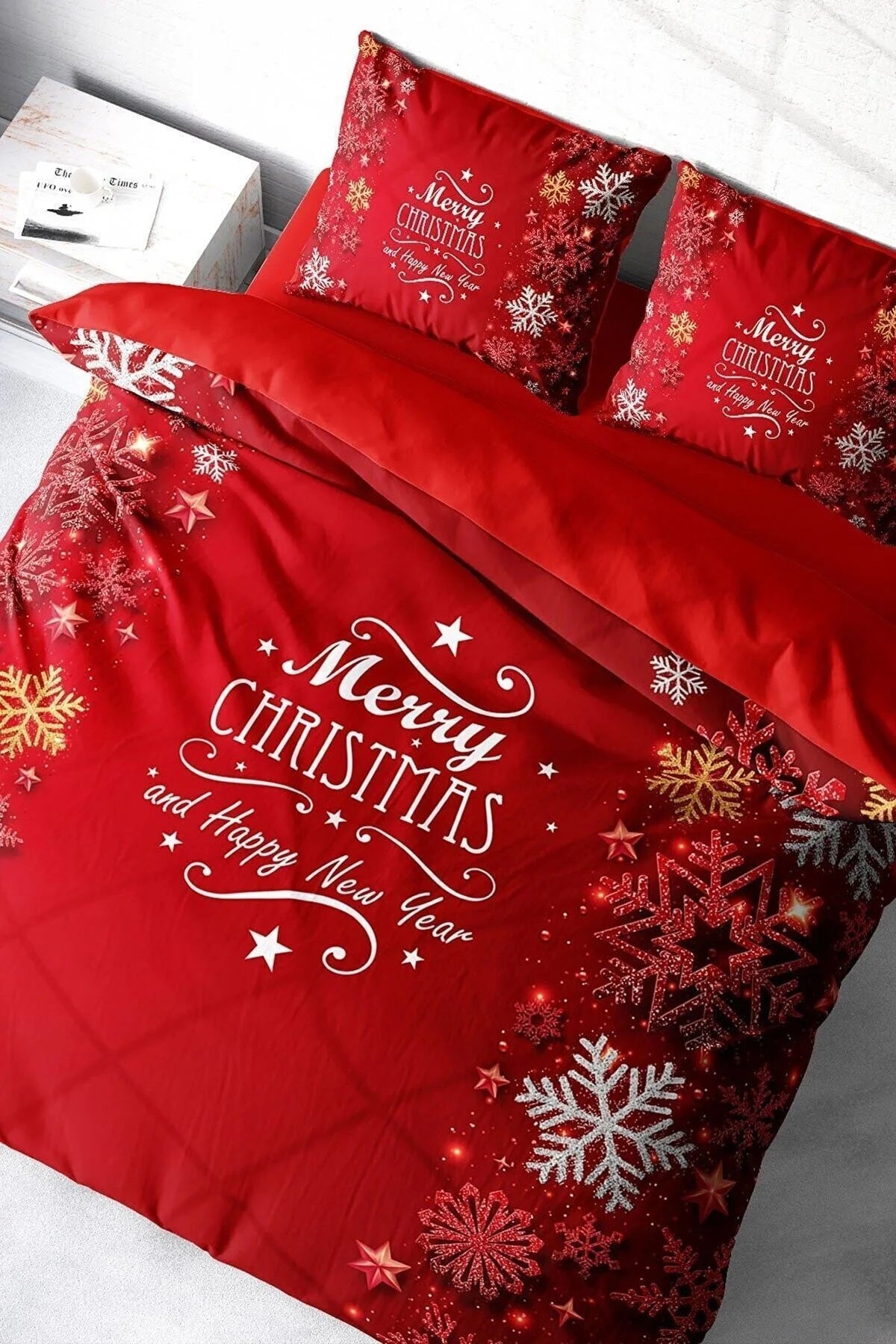 Yılbaşı Süsü Snowflake Noel %100 Pamuk Saten 3D Çift Kişilik Nevresim Takımı