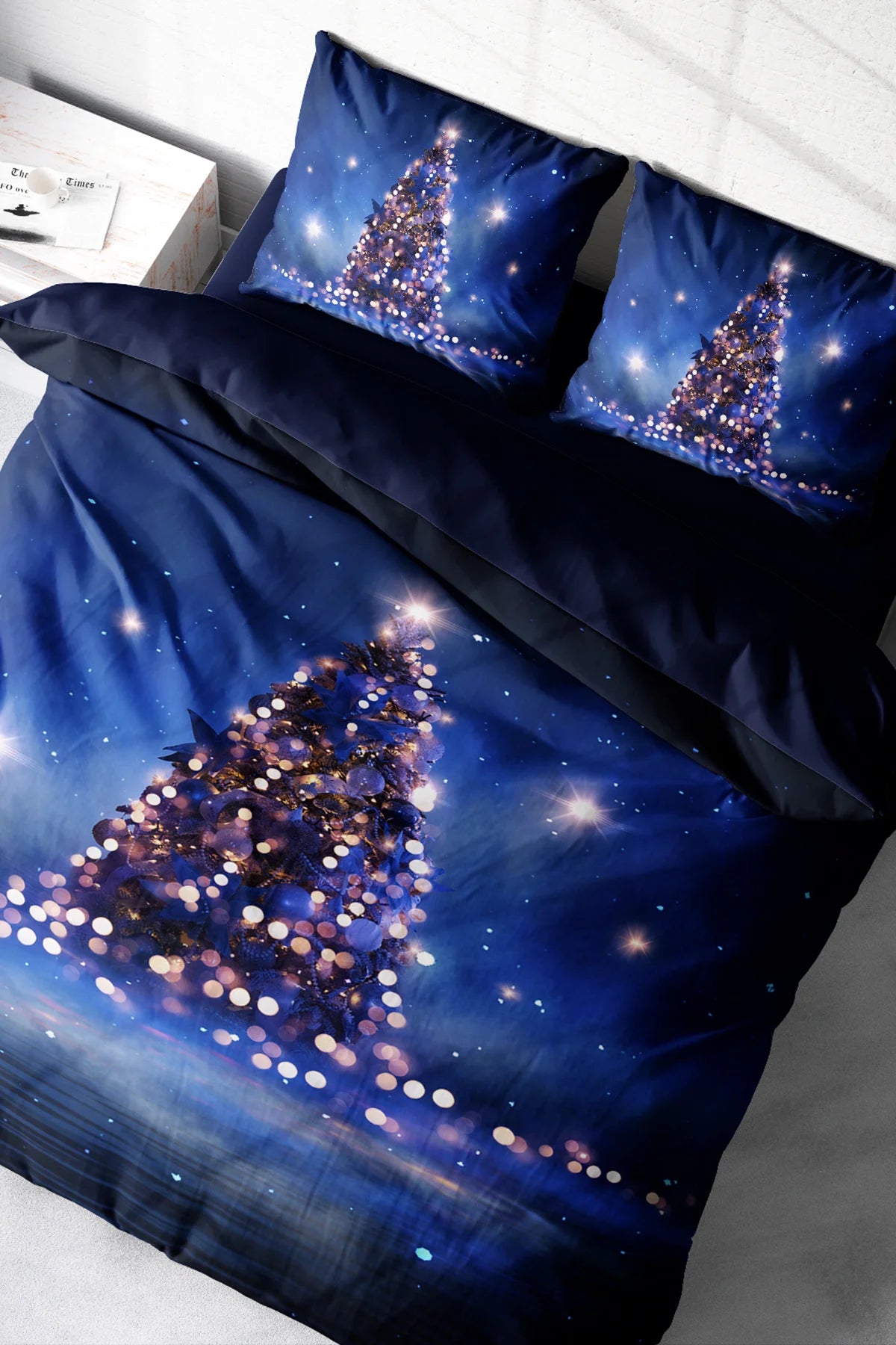 Yılbaşı Süsü Starry Tree Noel %100 Pamuk Saten 3D Çift Kişilik Nevresim Takımı