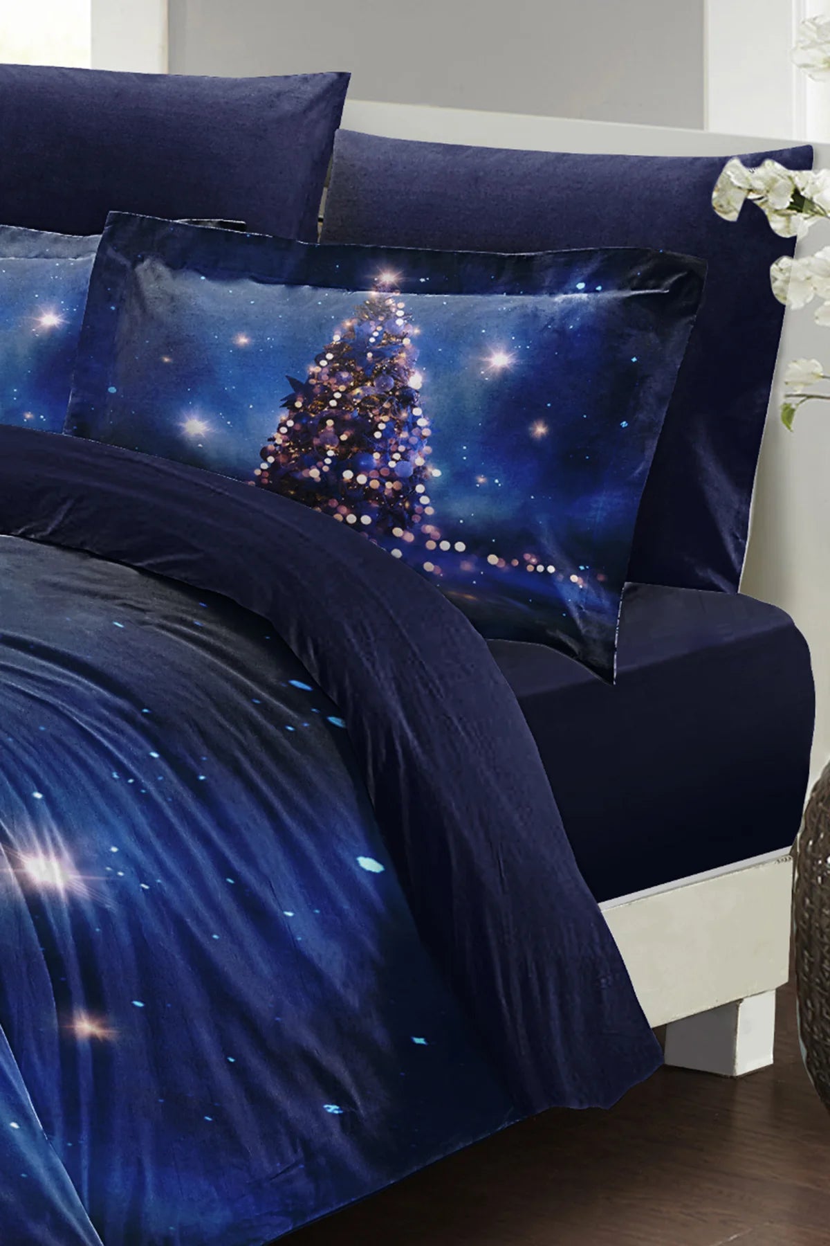 Yılbaşı Süsü Starry Tree Noel %100 Pamuk Saten 3D Çift Kişilik Nevresim Takımı