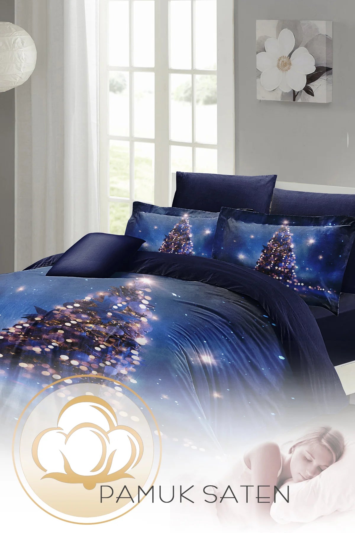 Yılbaşı Süsü Starry Tree Noel %100 Pamuk Saten 3D Çift Kişilik Nevresim Takımı