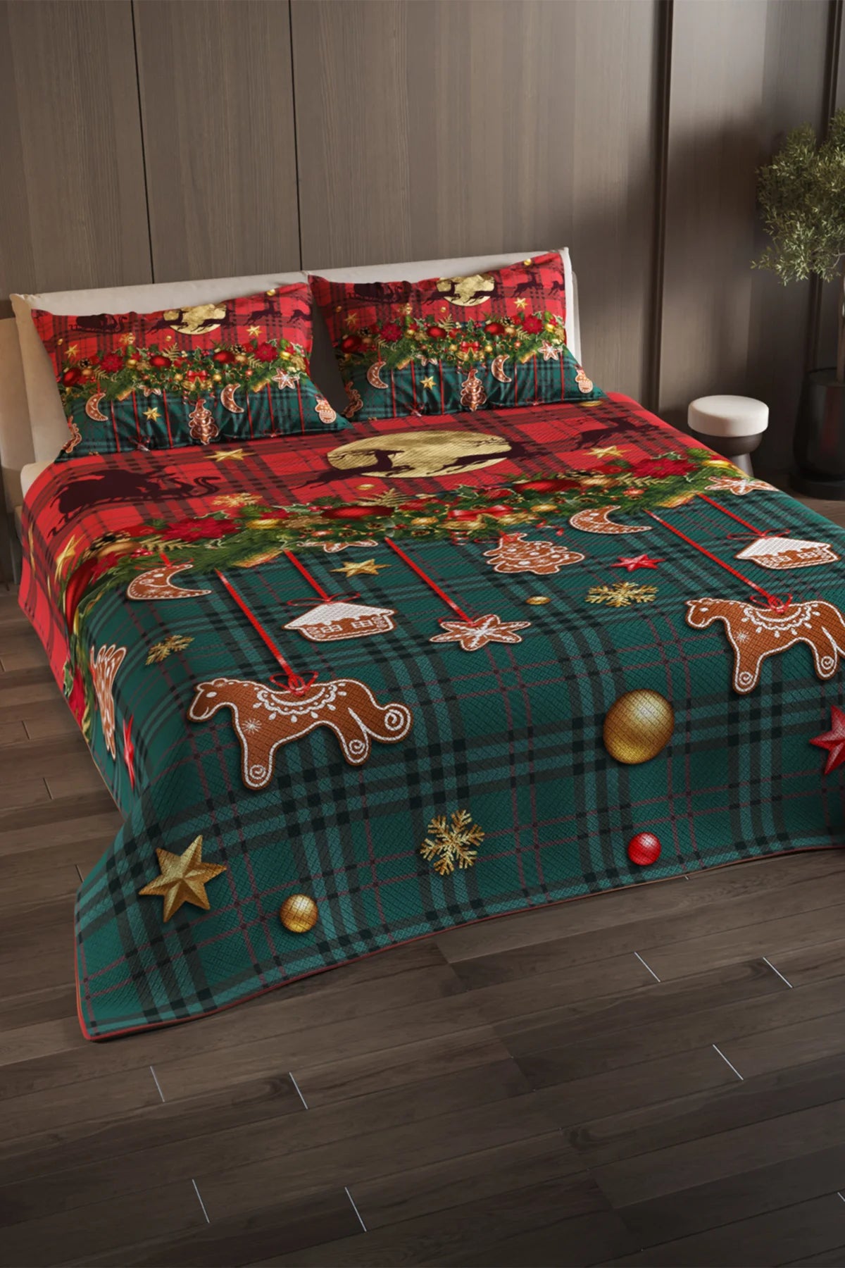 Yılbaşı %100 Pamuk Çift Kişilik Pike Takımı Yatak Örtüsü Özel Dokuma Christmas Decorations