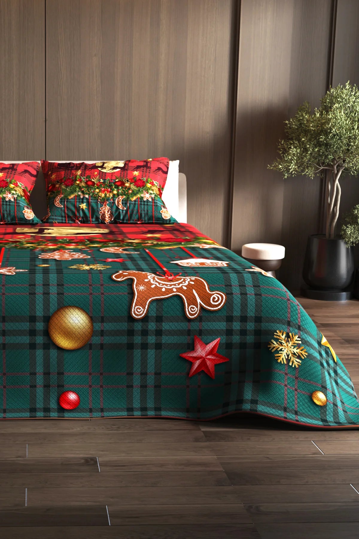 Yılbaşı %100 Pamuk Çift Kişilik Pike Takımı Yatak Örtüsü Özel Dokuma Christmas Decorations