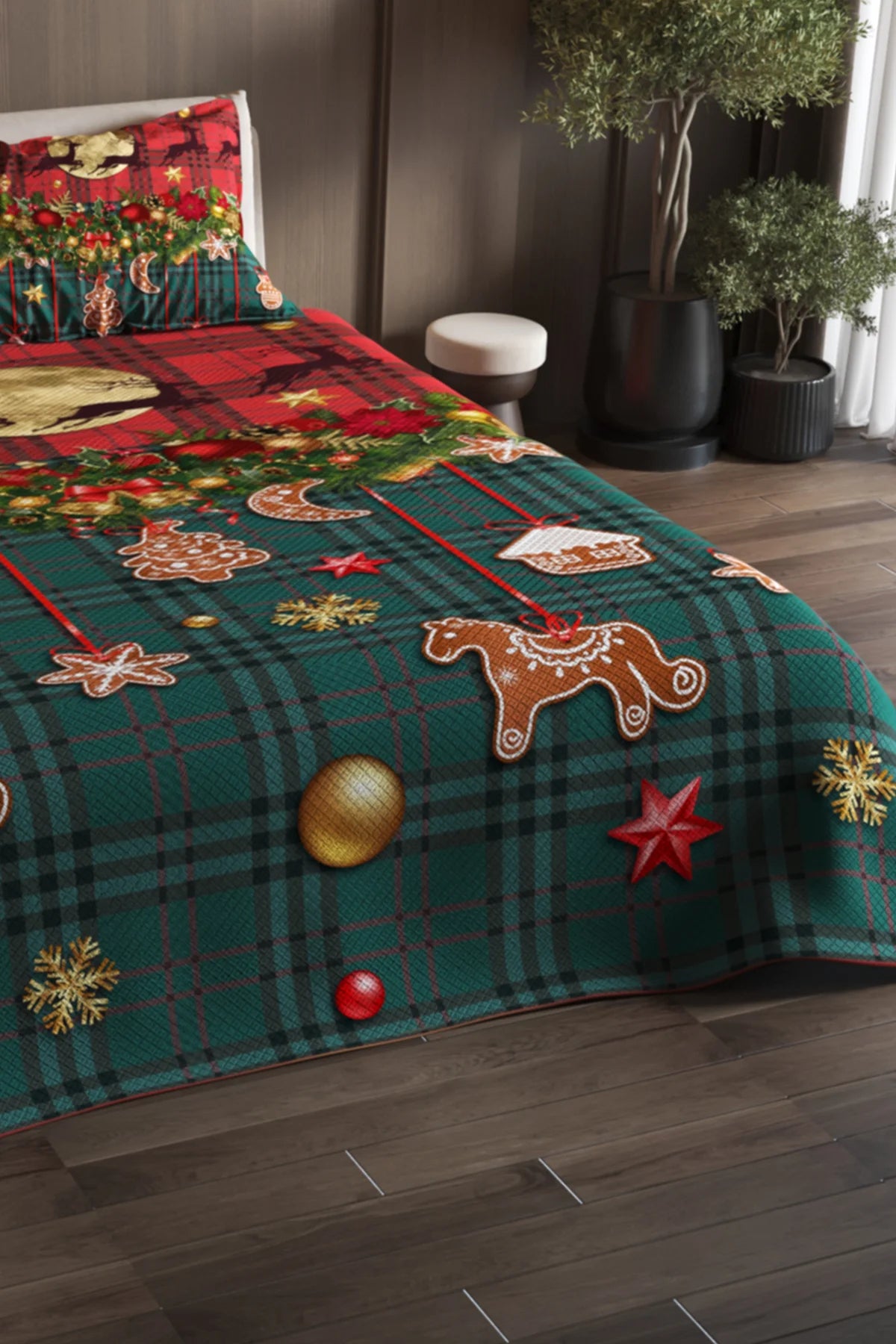 Yılbaşı %100 Pamuk Çift Kişilik Pike Takımı Yatak Örtüsü Özel Dokuma Christmas Decorations